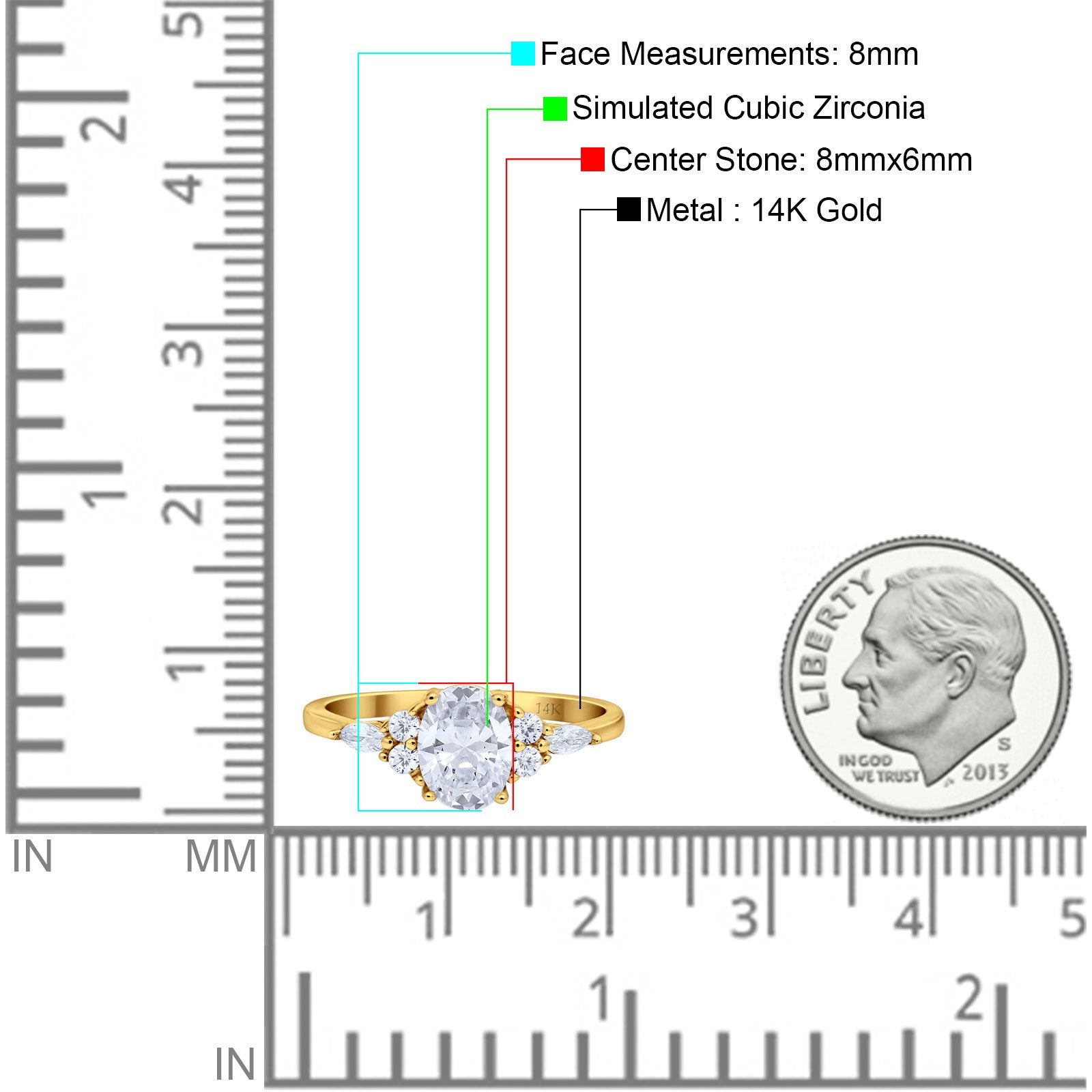 14K Yellow Gold Art Deco Oval Wedding Ring Marquise Simulated Cubic Zirconia