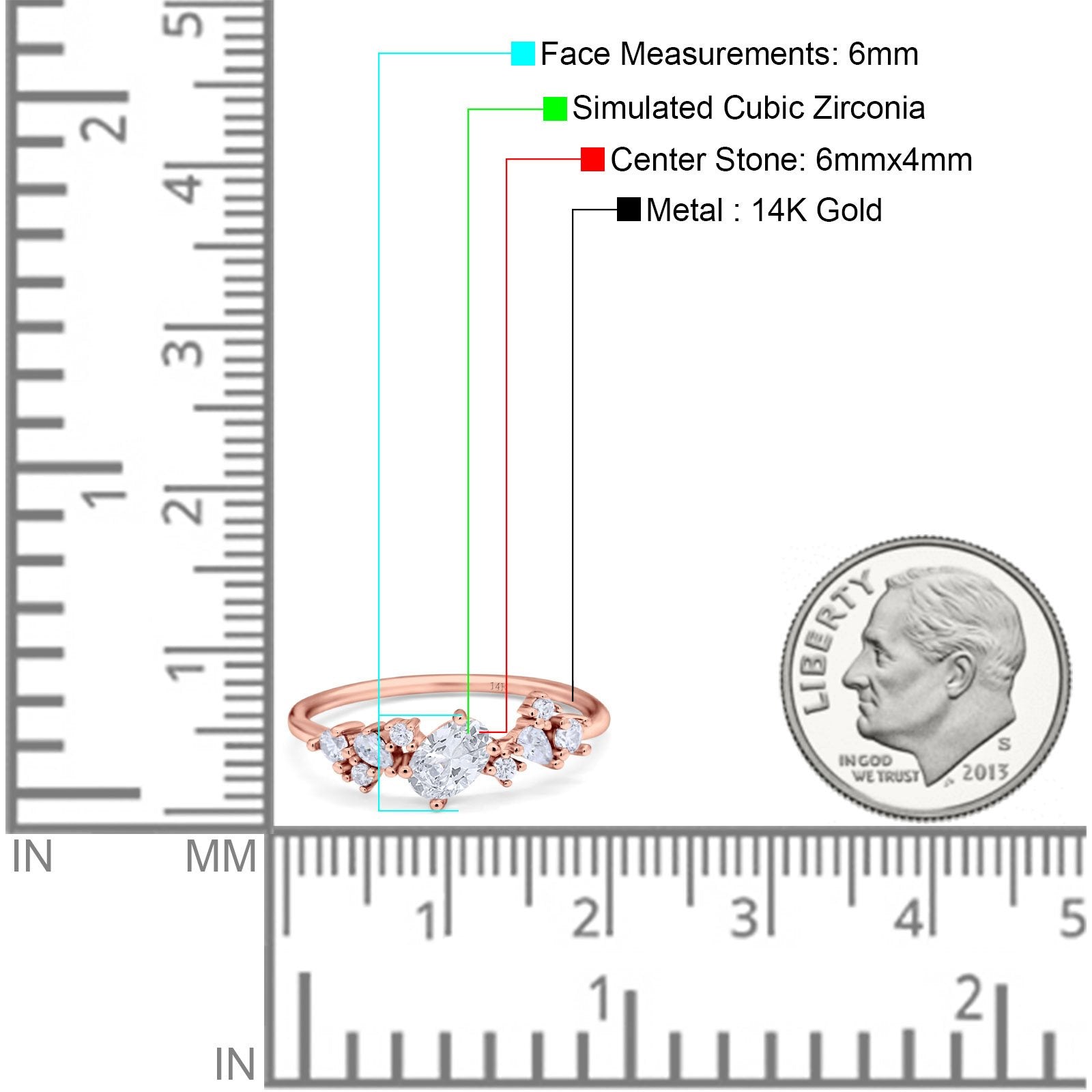 14K Rose Gold Art Deco Engagement Band Rings Oval Simulated CZ Size 7