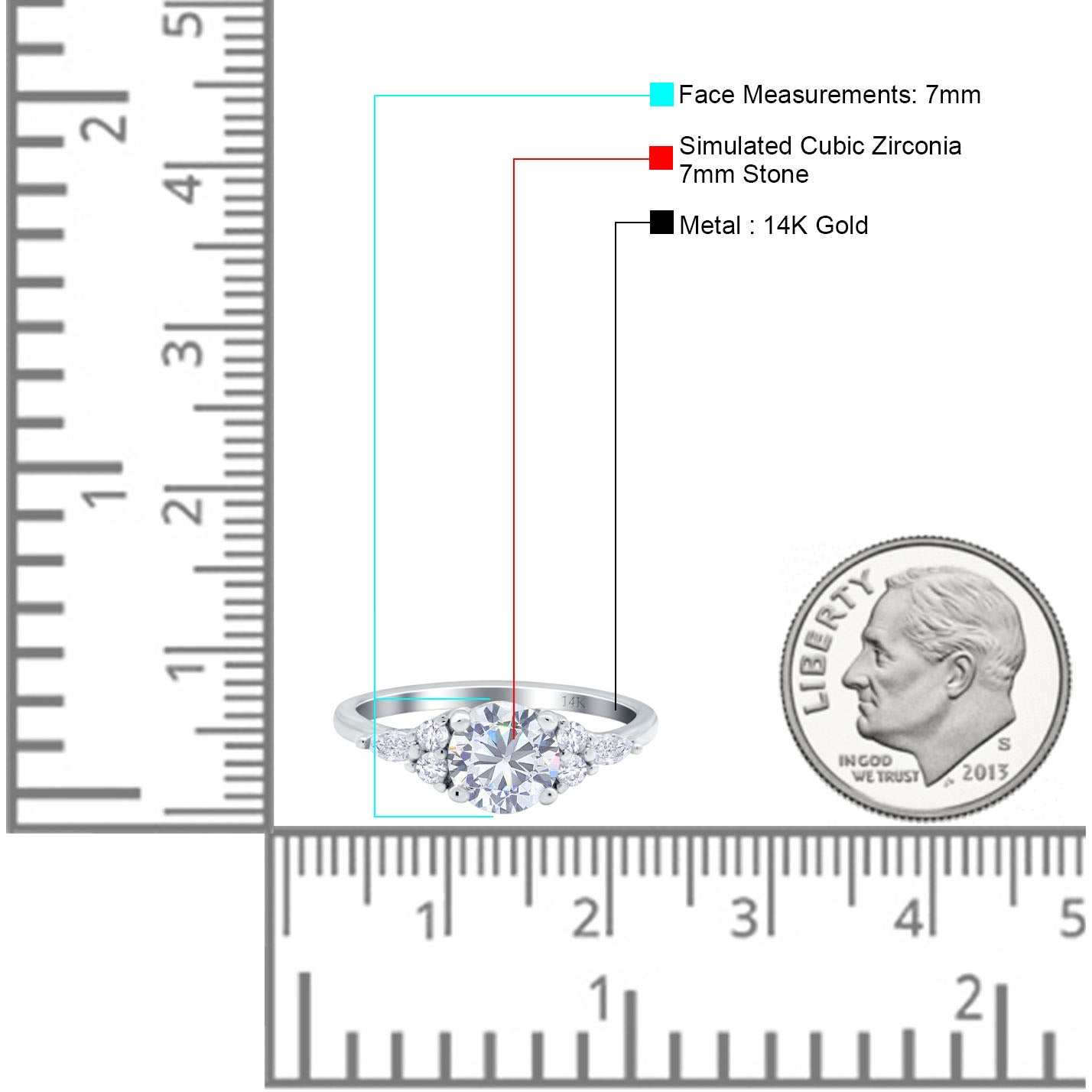 14K White Gold Art Deco Engagement Ring Round Simulated Cubic Zirconia Size-7