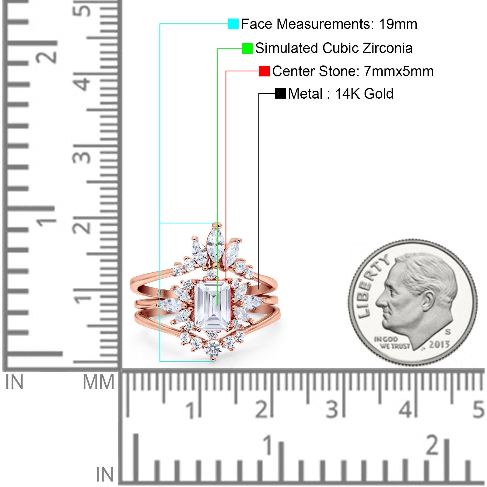 14K Rose Gold Emerald Cut Trio Set Engagement Rings Three Piece Bridal Set Marquise Round Simulated Cubic Zirconia