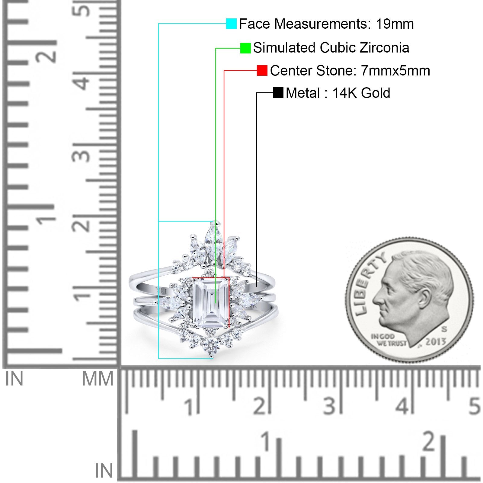 14K White Gold Emerald Cut Trio Set Engagement Rings Three Piece Bridal Set Marquise Round Simulated Cubic Zirconia