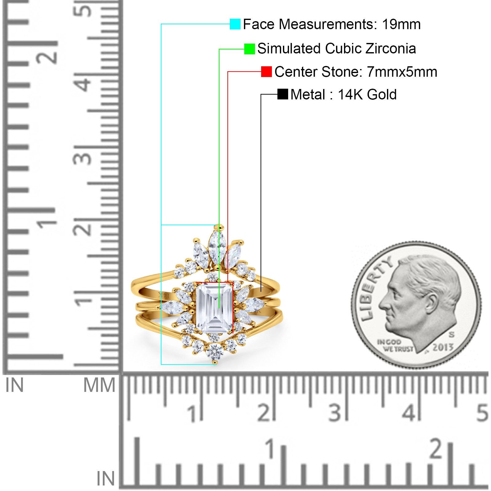 14K Yellow Gold Emerald Cut Trio Set Engagement Rings Three Piece Bridal Set Marquise Round Simulated Cubic Zirconia