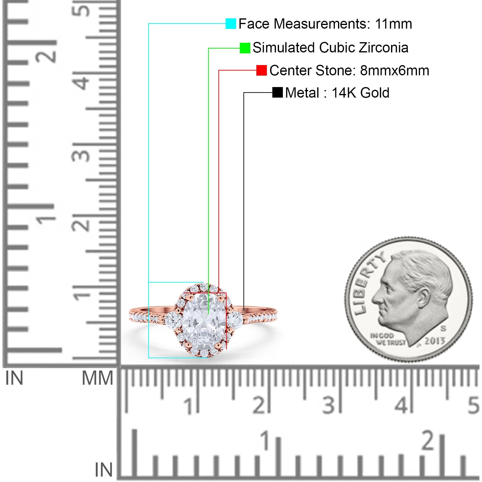 14K Rose Gold Oval Engagement Ring Round Simulated Cubic Zirconia Size-7