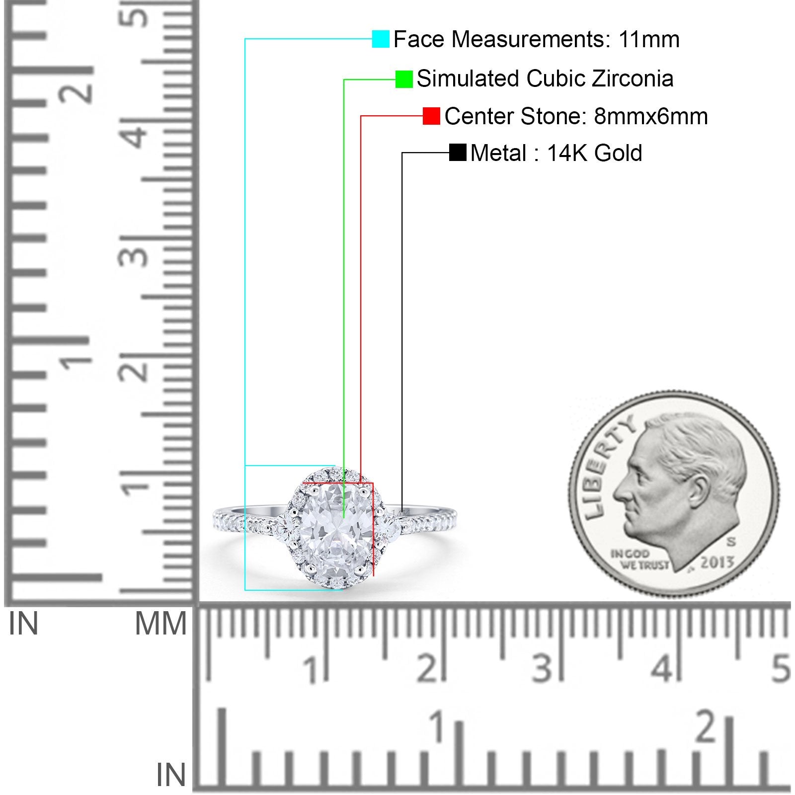 14K White Gold Oval Engagement Ring Round Simulated Cubic Zirconia