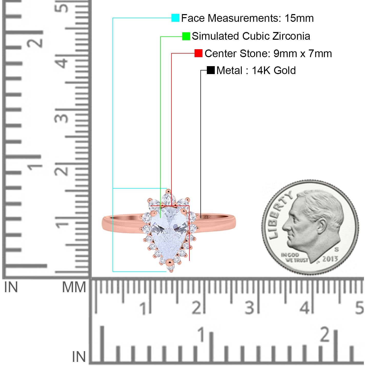 14K Rose Gold Teardrop Engagement Ring Round Simulated Cubic Zirconia Size-7