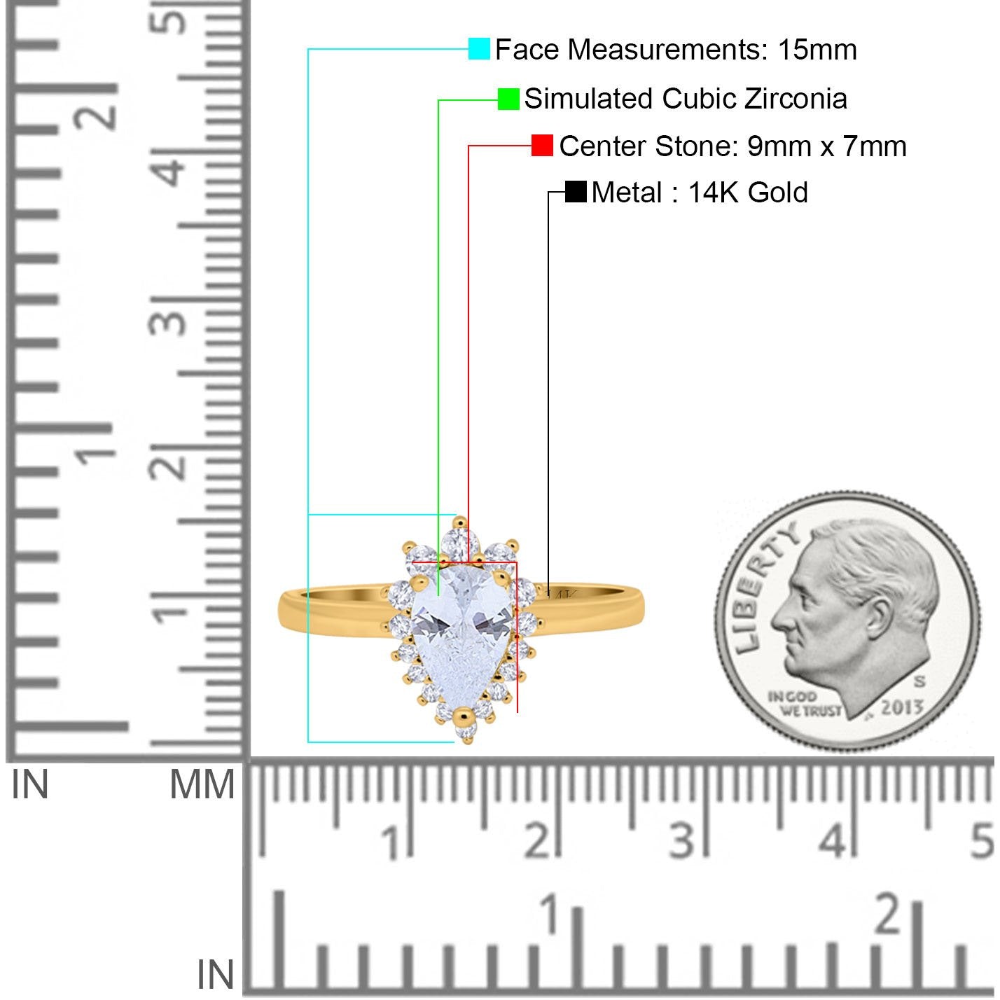 14K Yellow Gold Teardrop Engagement Ring Round Simulated Cubic Zirconia Size-7