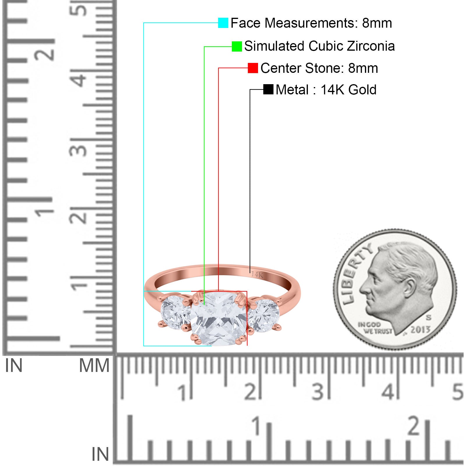 14K Rose Gold Cushion Three Stone Bridal Wedding Engagement Ring Simulated CZ Size-7