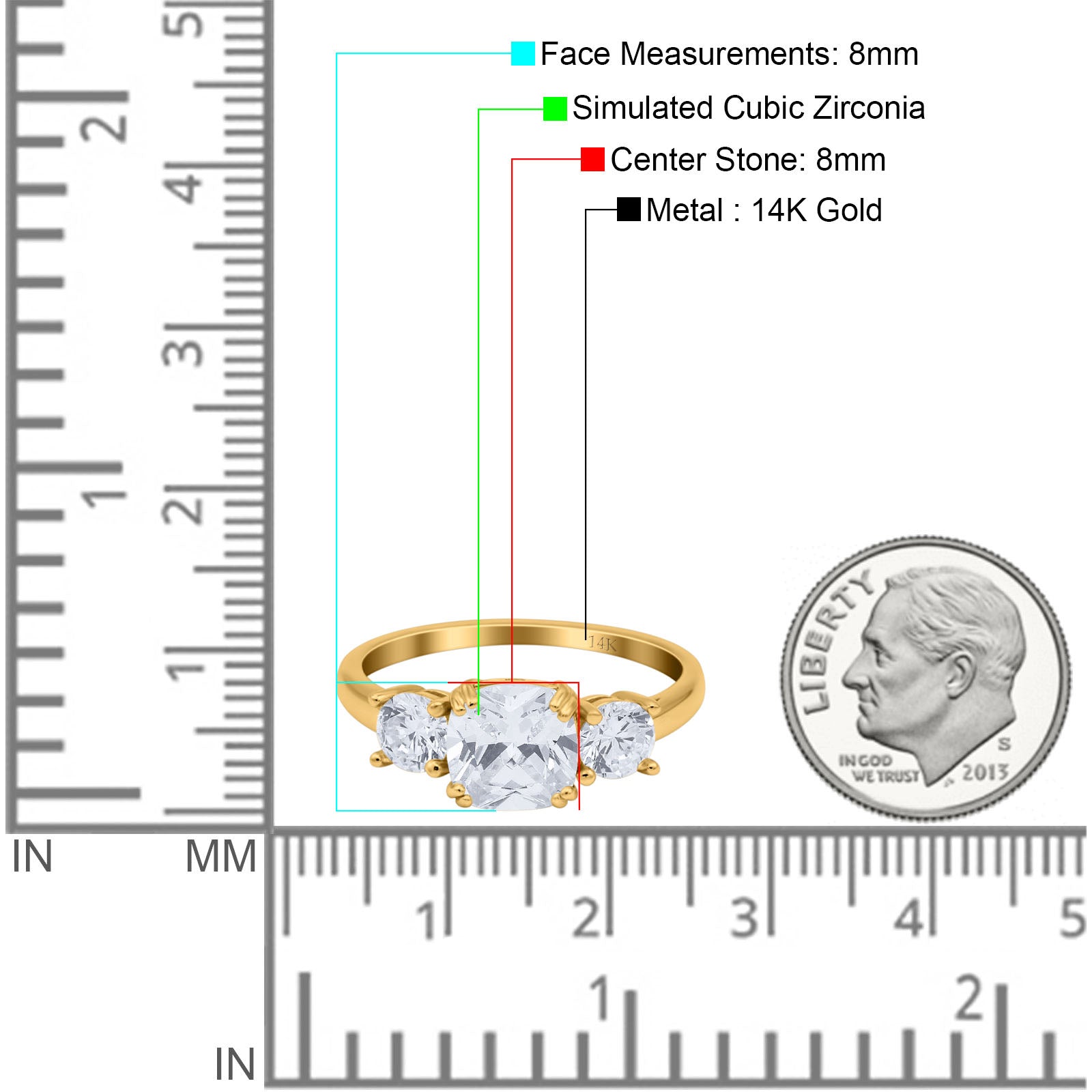14K Yellow Gold Cushion Three Stone Bridal Wedding Engagement Ring Simulated CZ Size-7