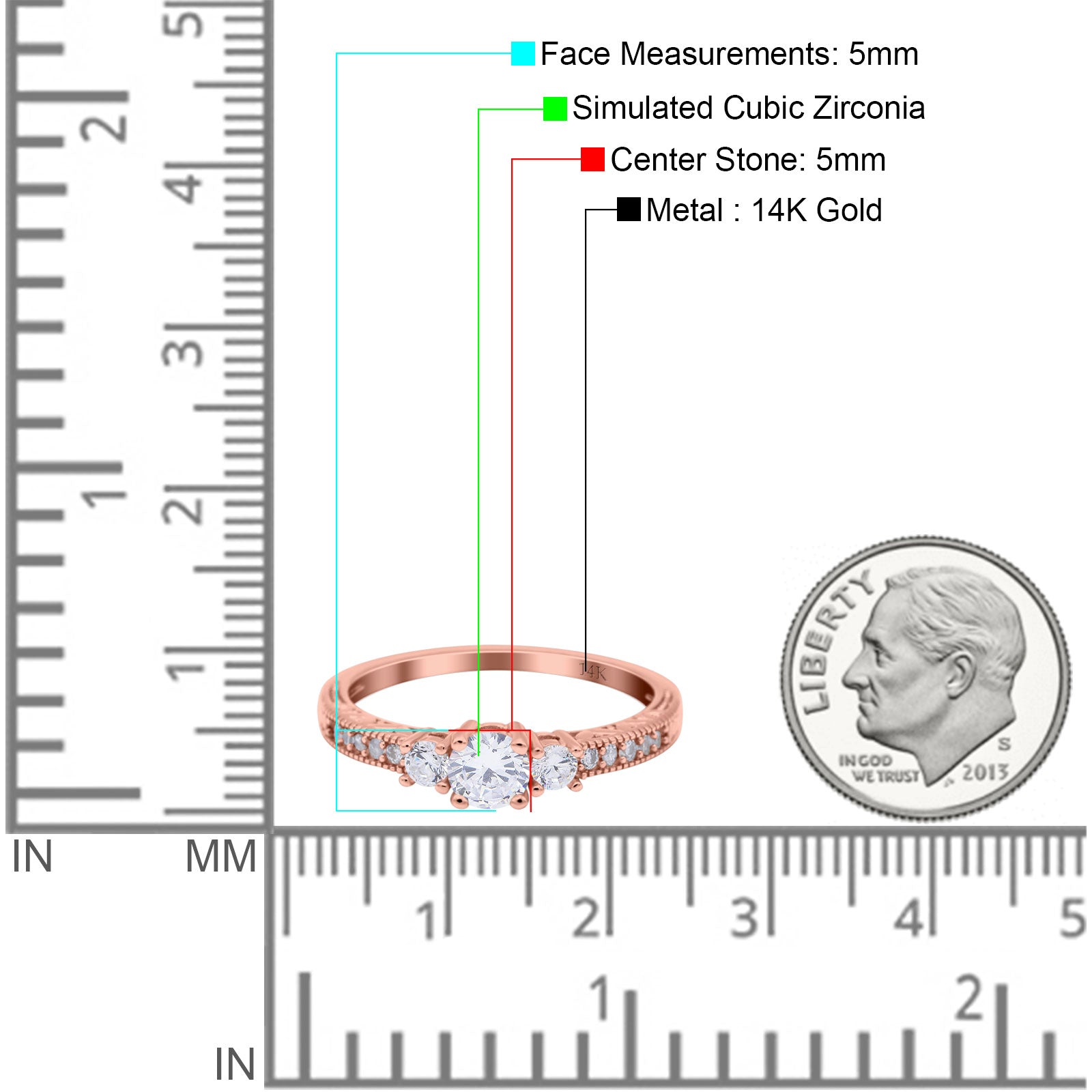 14K Rose Gold Round Three Stone Bridal Wedding Engagement Ring Simulated CZ Size-7