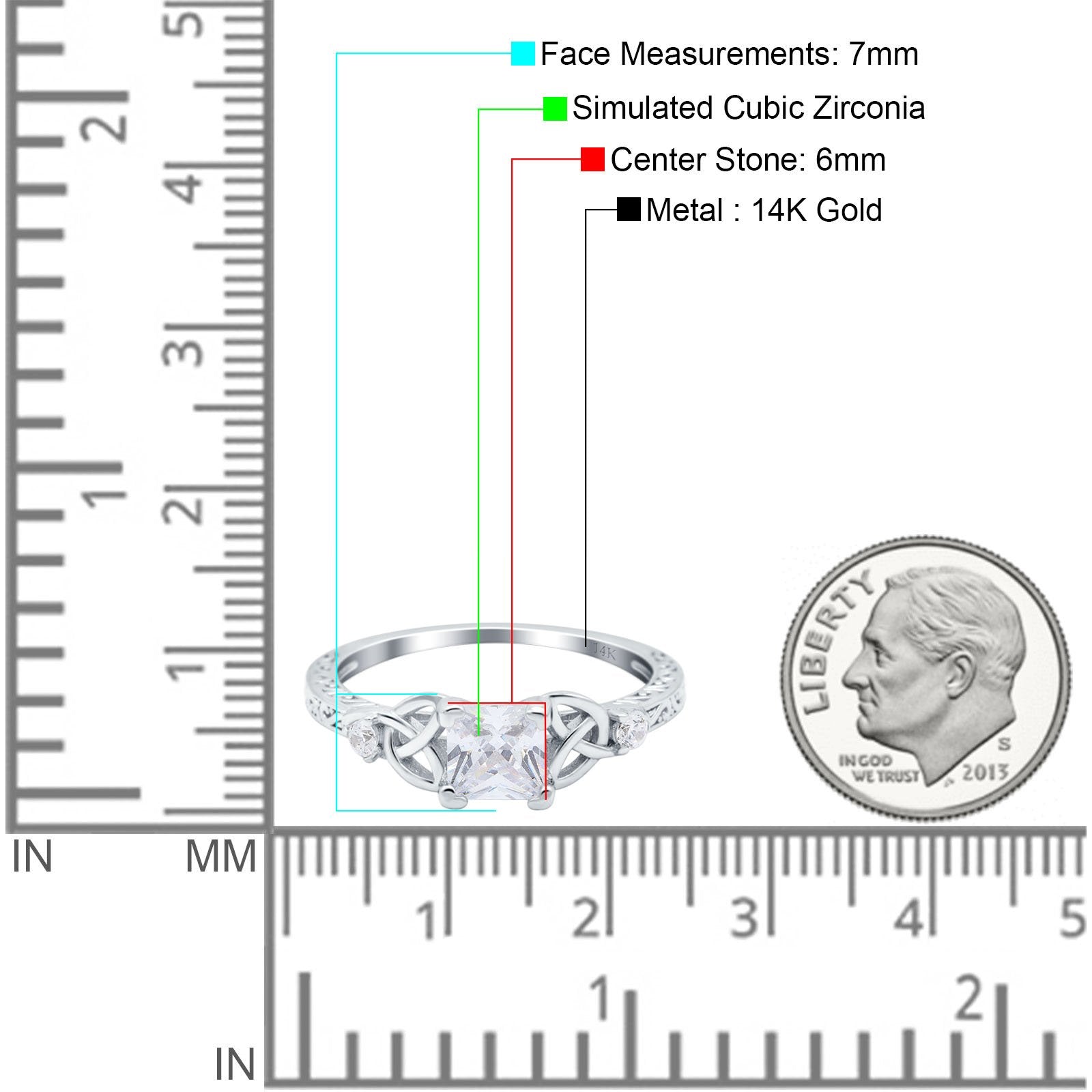 14K White Gold Cushion Celtic Art Deco Engagement Ring Simulated Cubic Zirconia Size-7