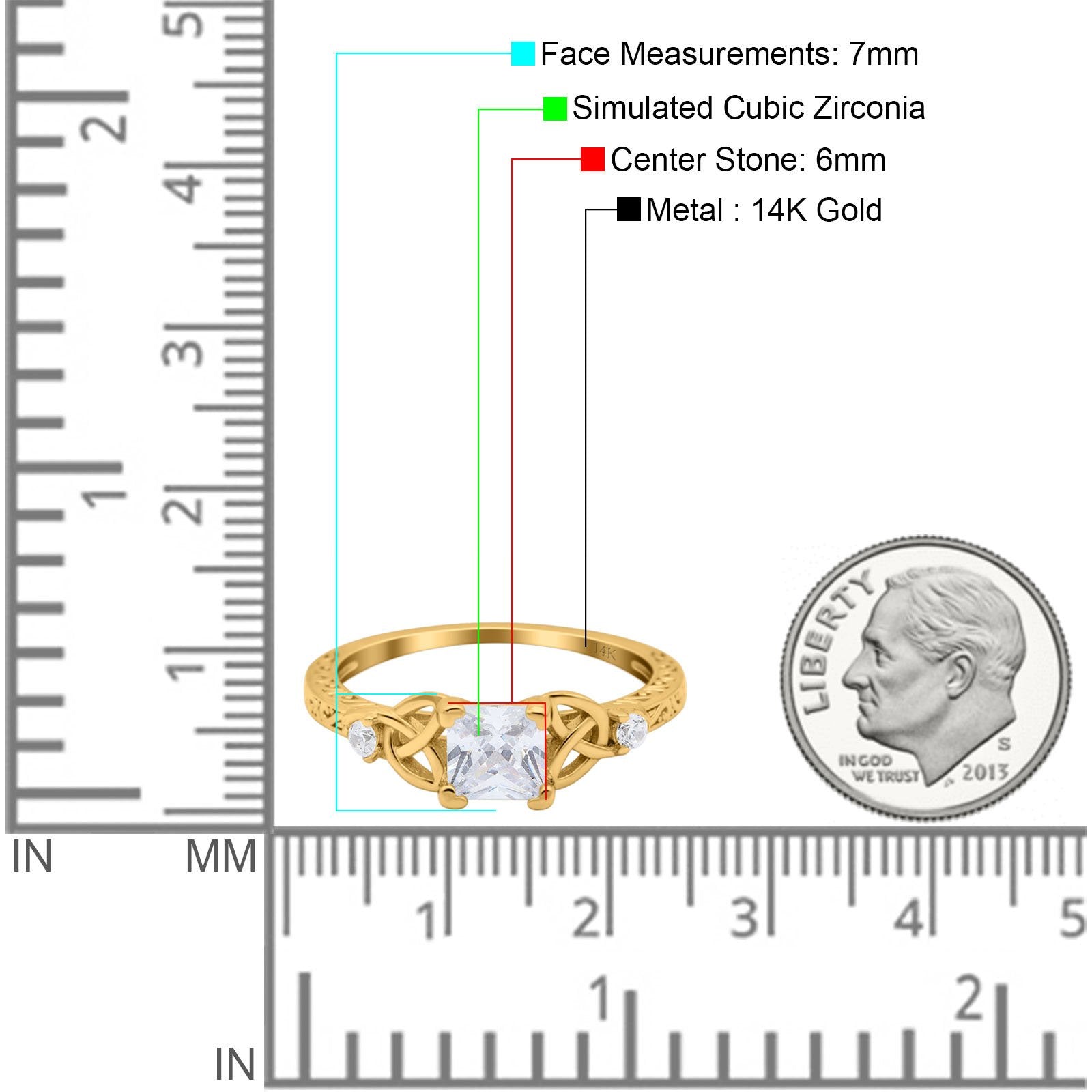 14K Yellow Gold Cushion Celtic Art Deco Engagement Ring Simulated Cubic Zirconia Size-7