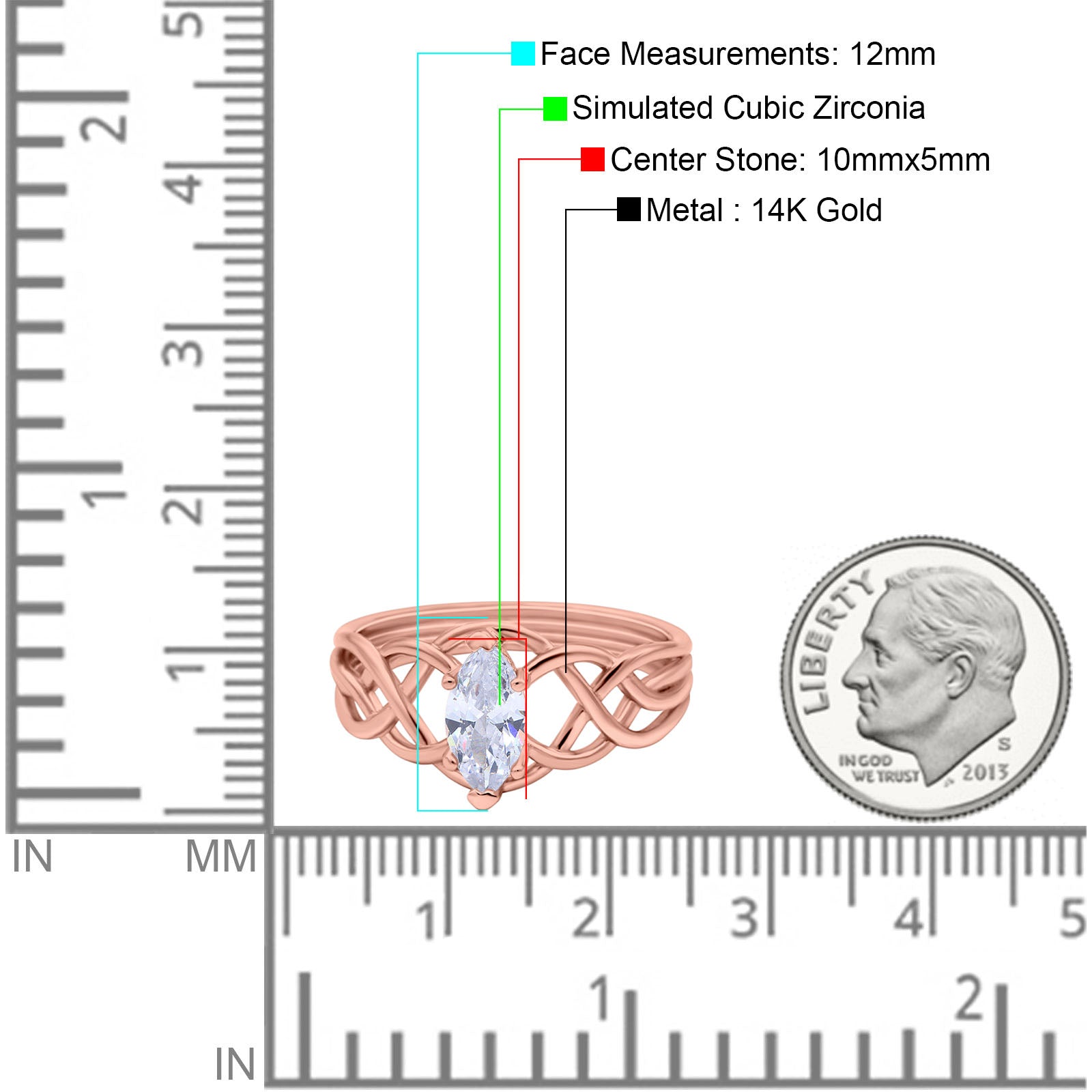 14K Rose Gold Marquise Art Deco Crisscross Bridal Wedding Engagement Ring Simulated CZ Size-7