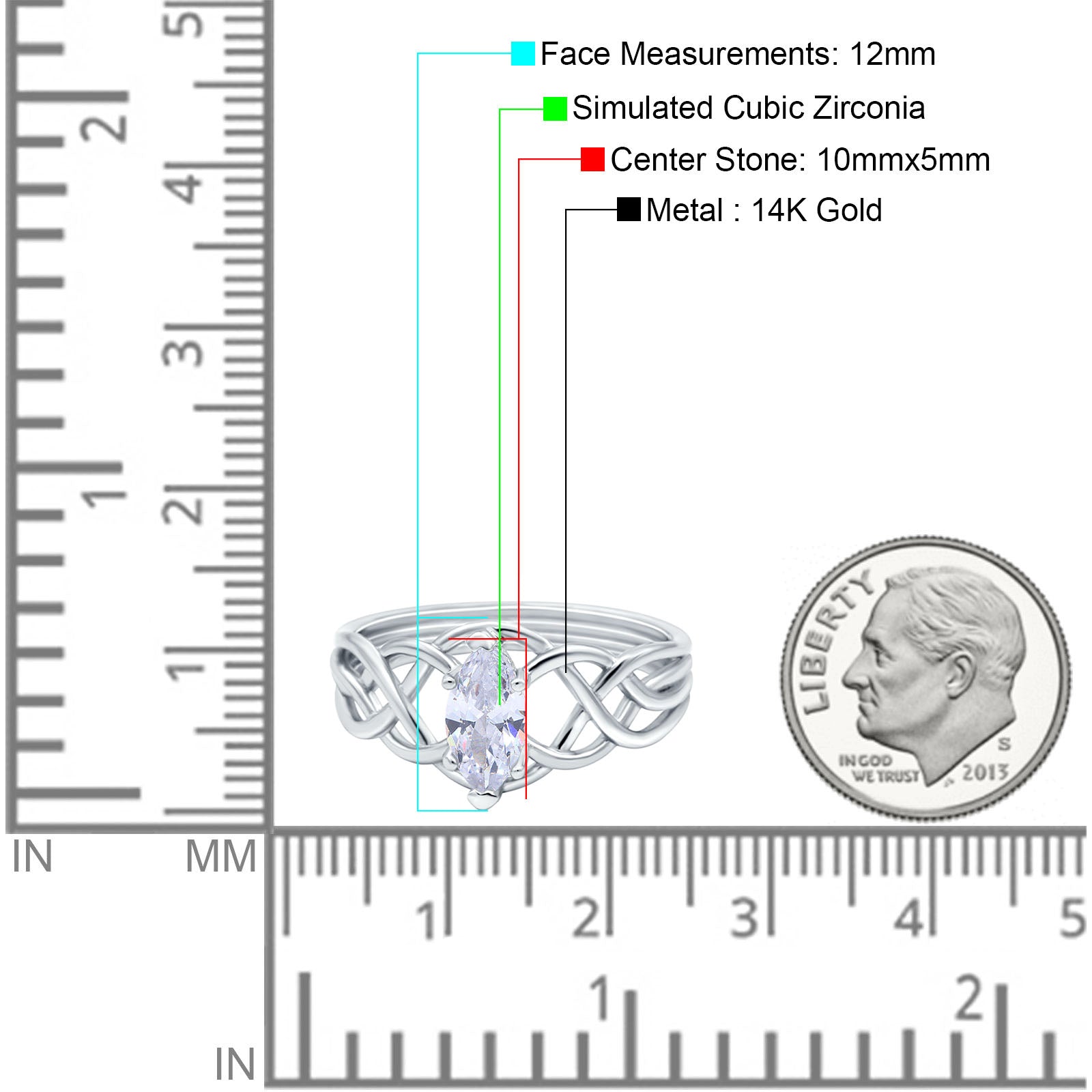 14K White Gold Marquise Art Deco Crisscross Bridal Wedding Engagement Ring Simulated CZ Size-7