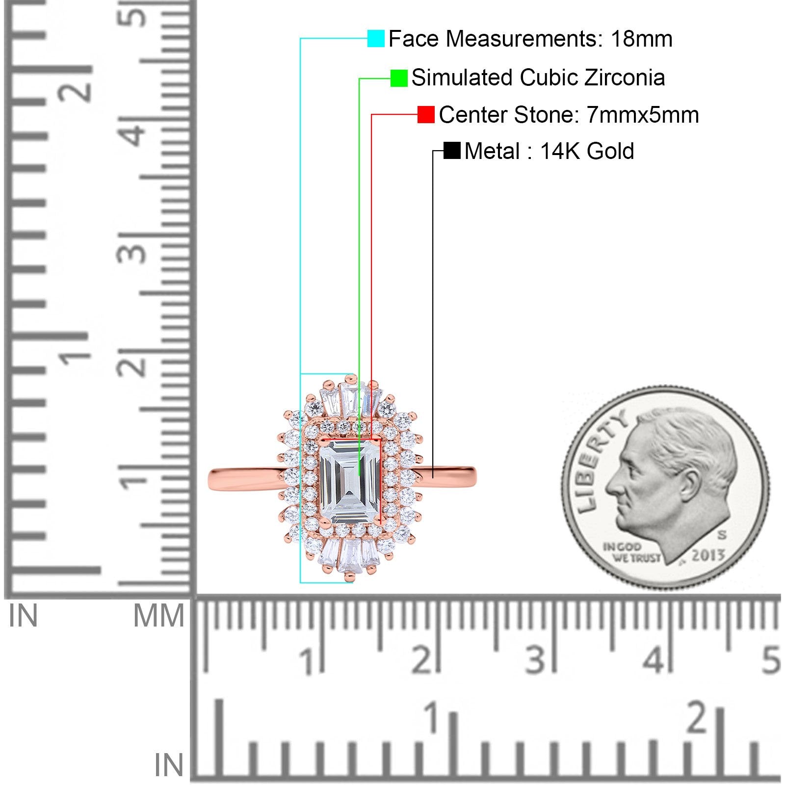 14K Rose Gold Emerald Cut Vintage Wedding Ring Simulated Cubic Zirconia Size-7