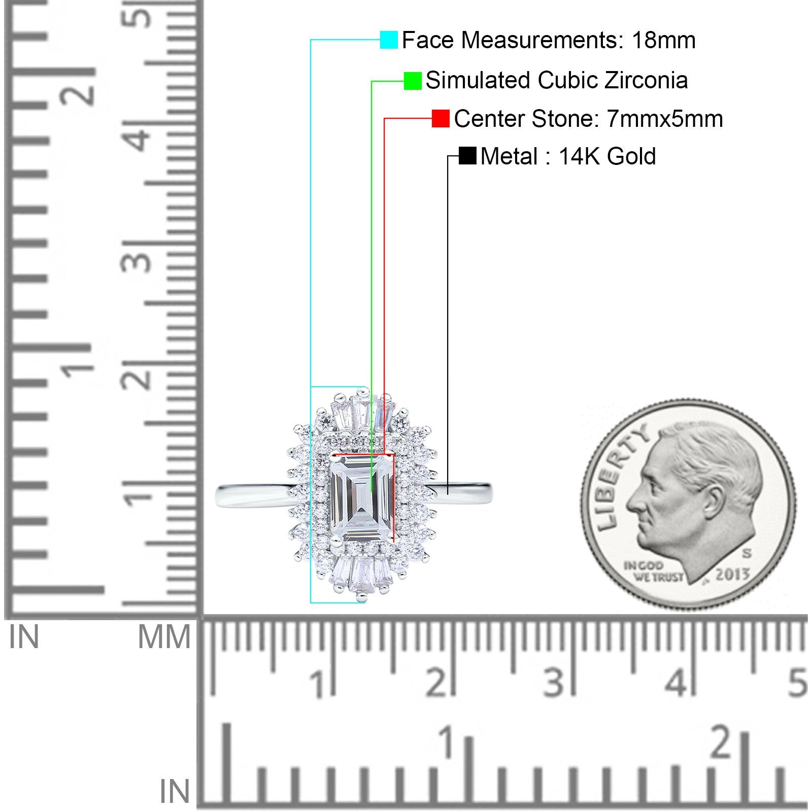14K White Gold Emerald Cut Vintage Wedding Ring Simulated Cubic Zirconia Size-7