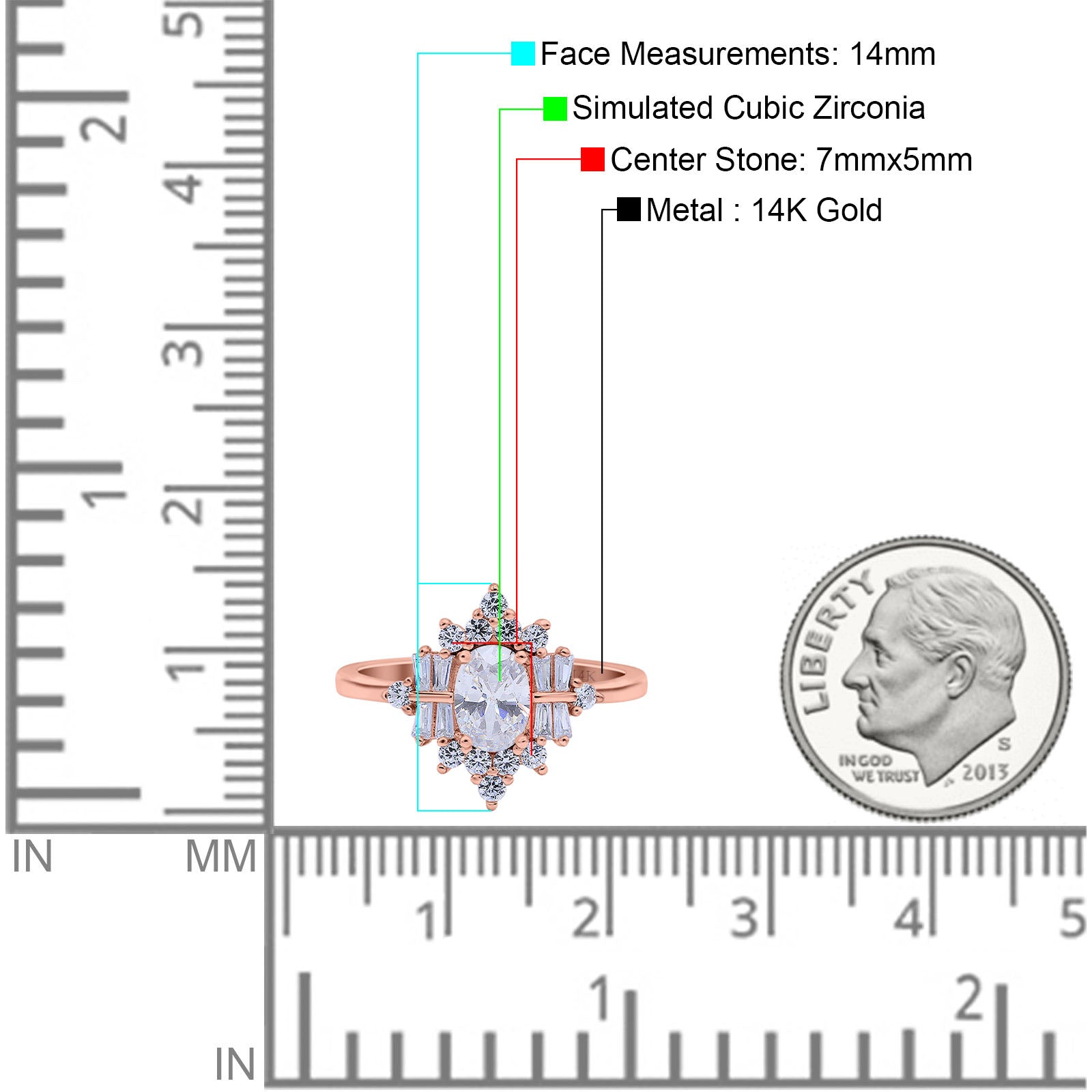 14K Rose Gold Oval Cut Halo Vintage Bridal Wedding Engagement Ring Simulated CZ Size-7
