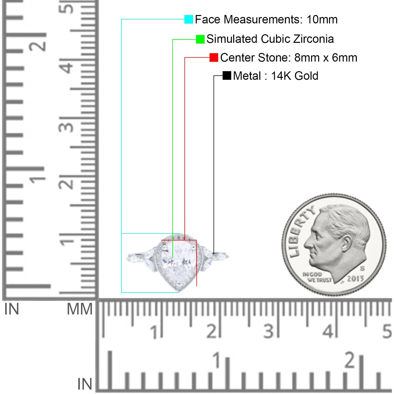 14K White Gold Teardrop Pear Art Deco Engagement Wedding Bridal Halo Ring Round Marquise Simulated CZ