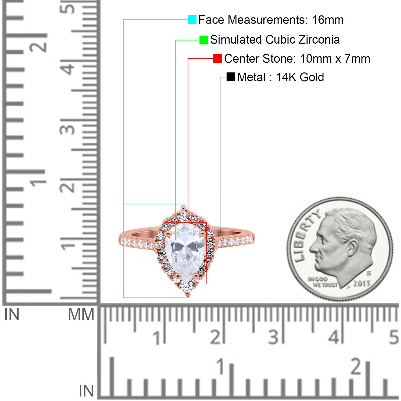14K Rose Gold Teardrop Pear Art Deco Bridal Wedding Engagement Ring Simulated CZ Size-7