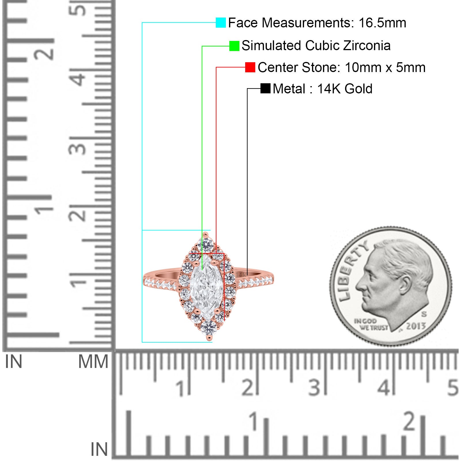 14K Rose Gold Halo Marquise Art Deco Bridal Wedding Engagement Ring Simulated CZ Size-7