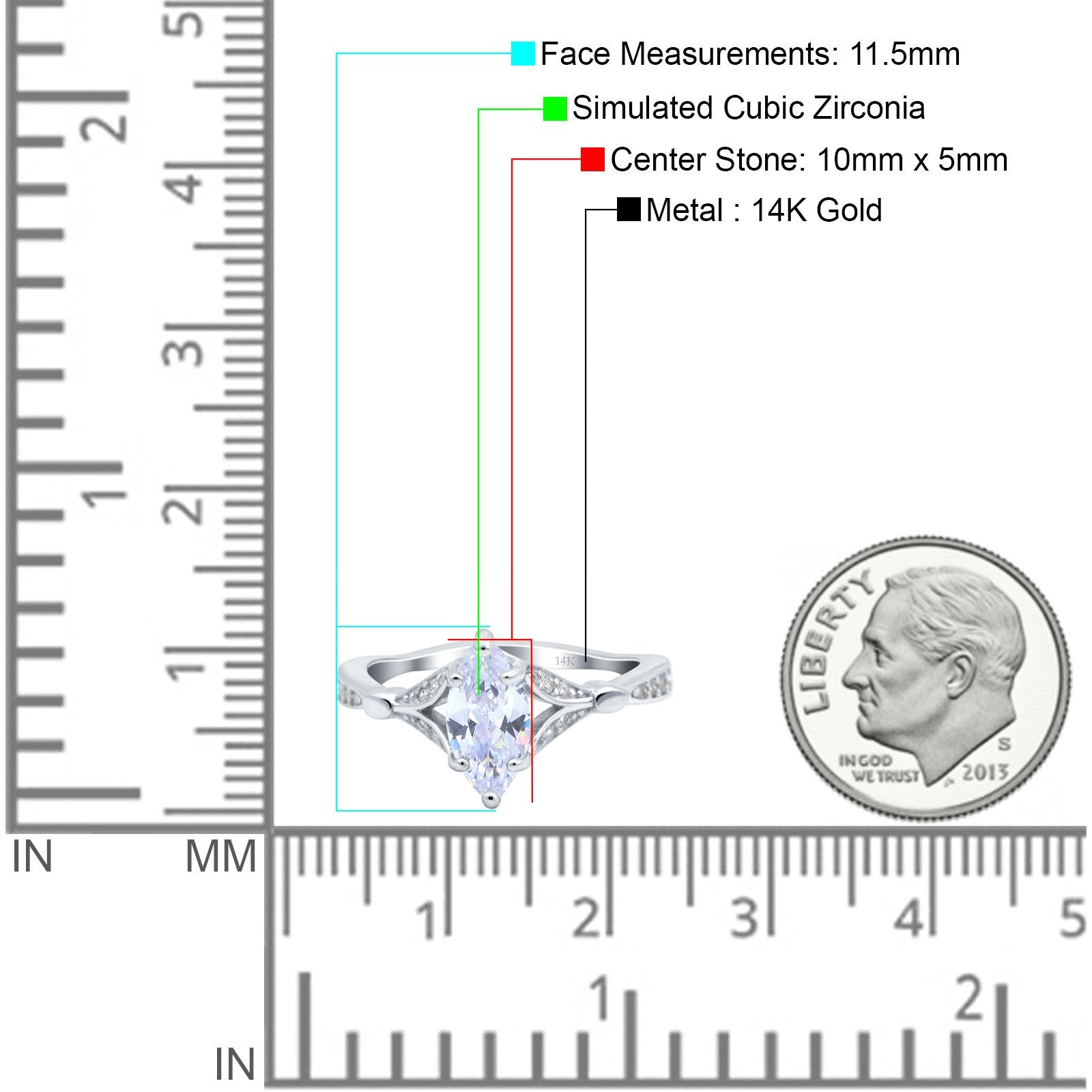 14K White Gold Marquise Art Deco Engagement Wedding Bridal Ring Round Simulated Cubic Zirconia