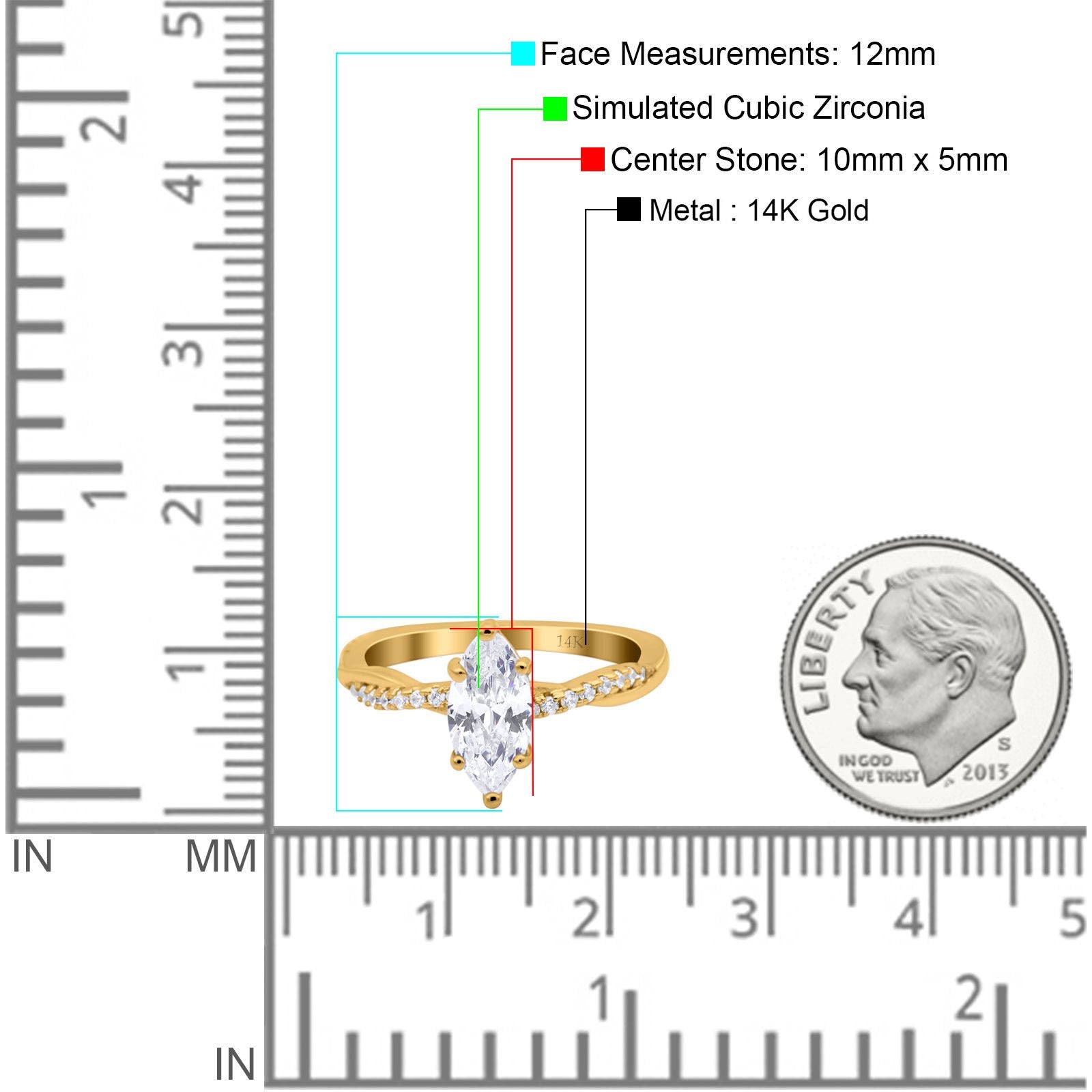 14K Yellow Gold Infinity Twist Marquise Wedding Ring Simulated Cubic Zirconia Size-7