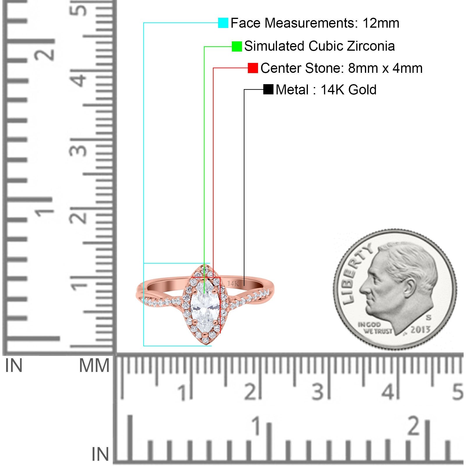 14K Rose Gold Infinity Twist Halo Marquise Art Deco Vintage Engagement Wedding Bridal Ring Simulated CZ Size-7