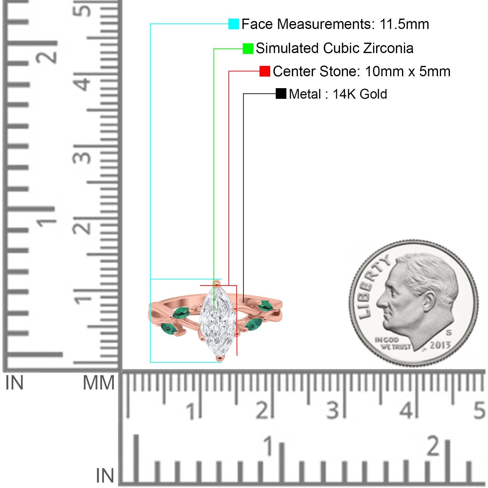 14K Rose Gold Infinity Twist Green Simulated Emerald Marquise Art Deco Engagement Wedding Bridal Ring Simulated CZ Size-7
