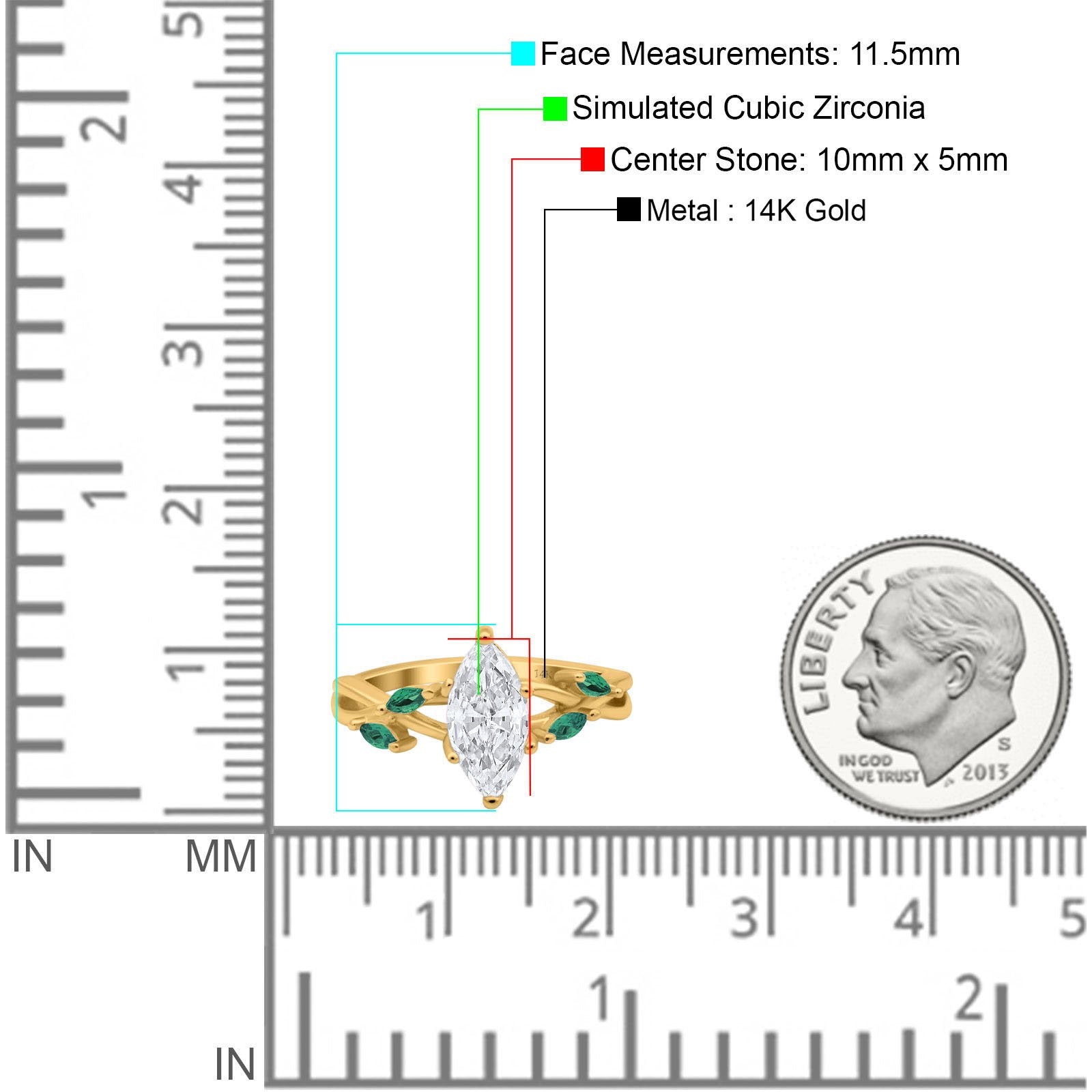 14K Yellow Gold Infinity Twist Green Simulated Emerald Marquise Art Deco Engagement Wedding Bridal Ring Simulated CZ Size-7