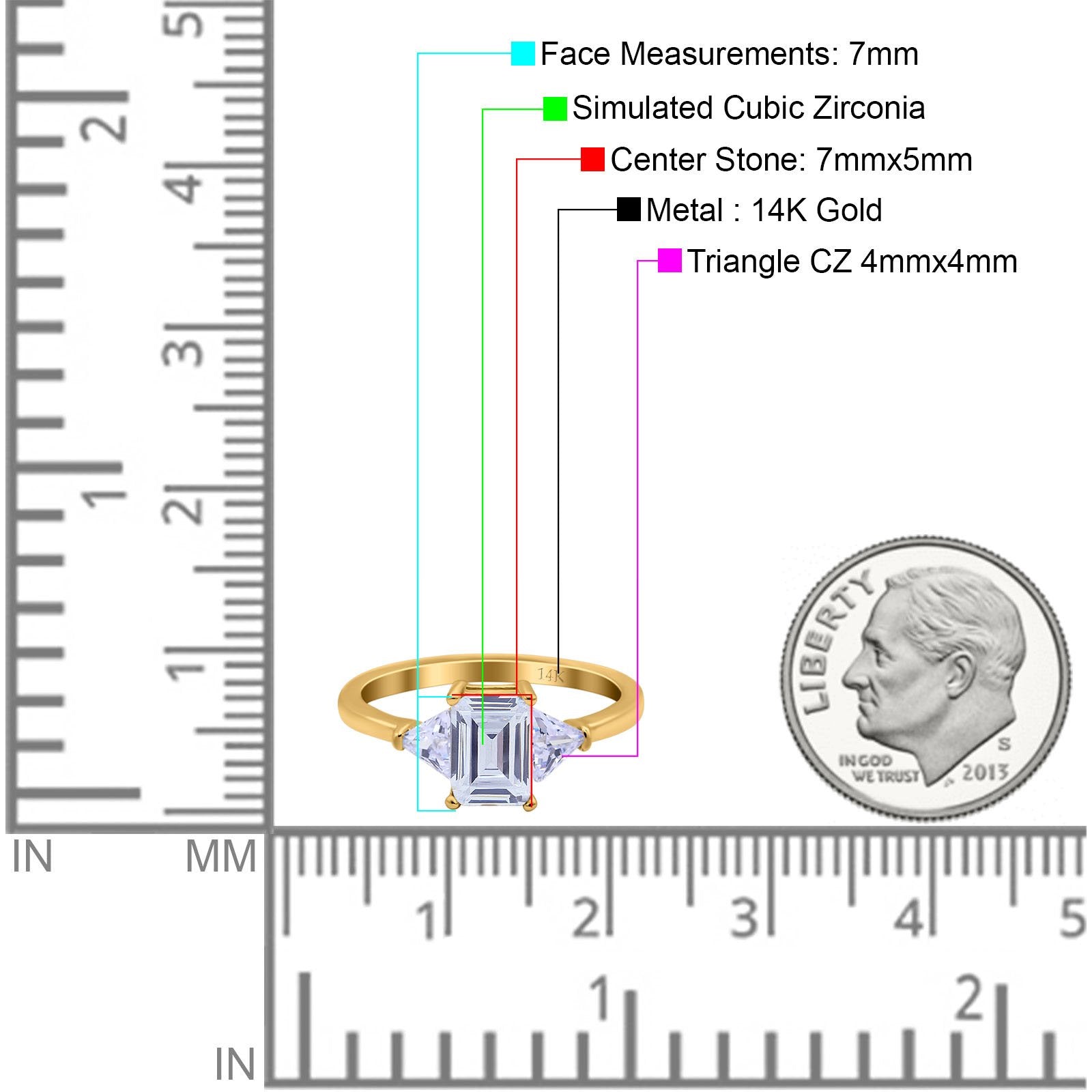 14K Yellow Gold Emerald Cut Art Deco Engagement Ring Simulated Cubic Zirconia Size-7