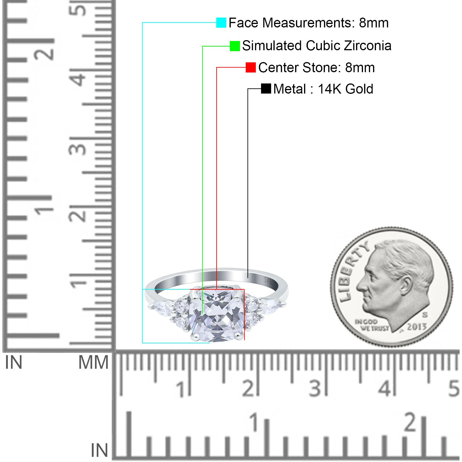 14K White Gold Cushion Cut Art Deco Bridal Wedding Engagement Ring Simulated CZ Size-7