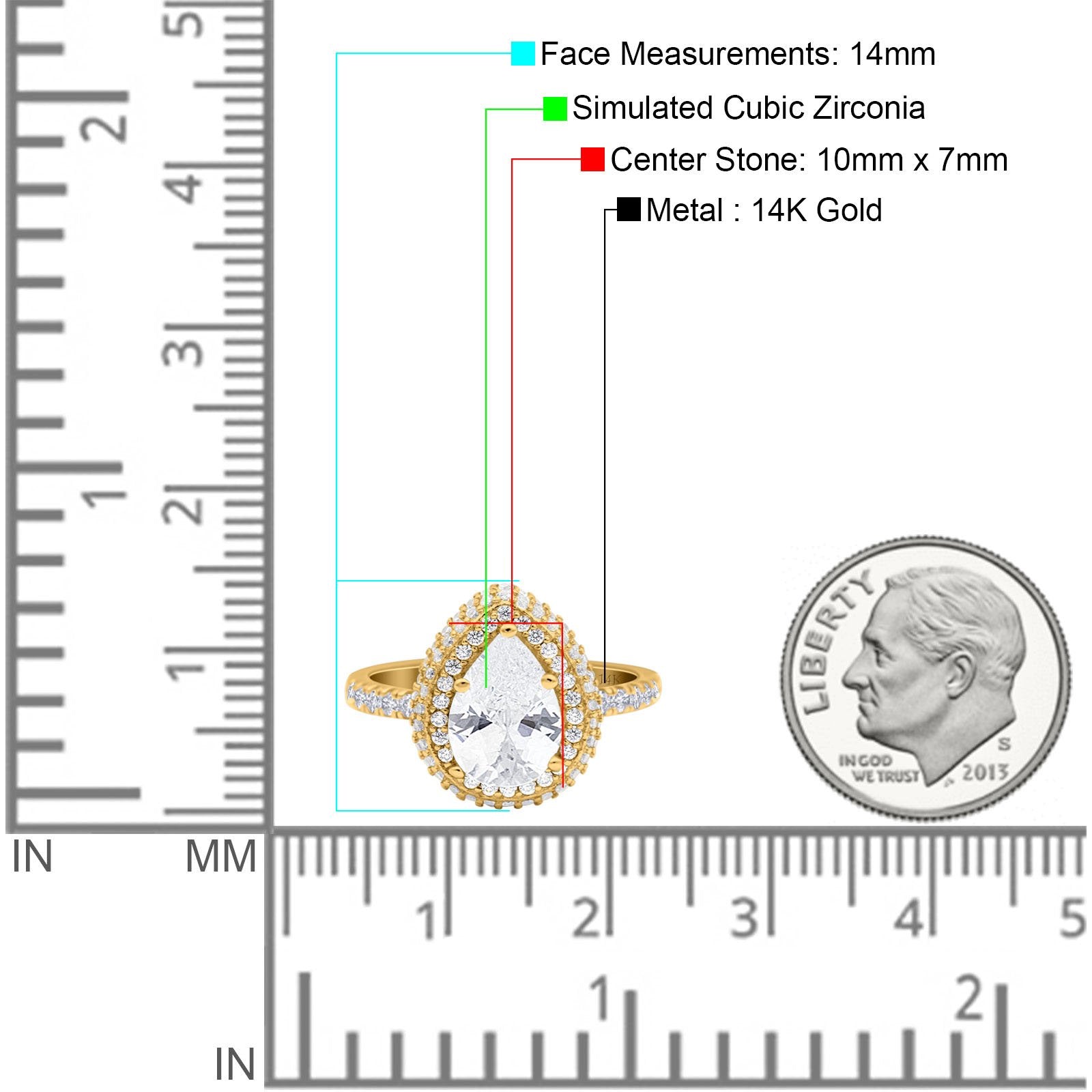 14K Yellow Gold Teardrop Pear Art Deco Vintage Engagement Ring Simulated Cubic Zirconia Size-7