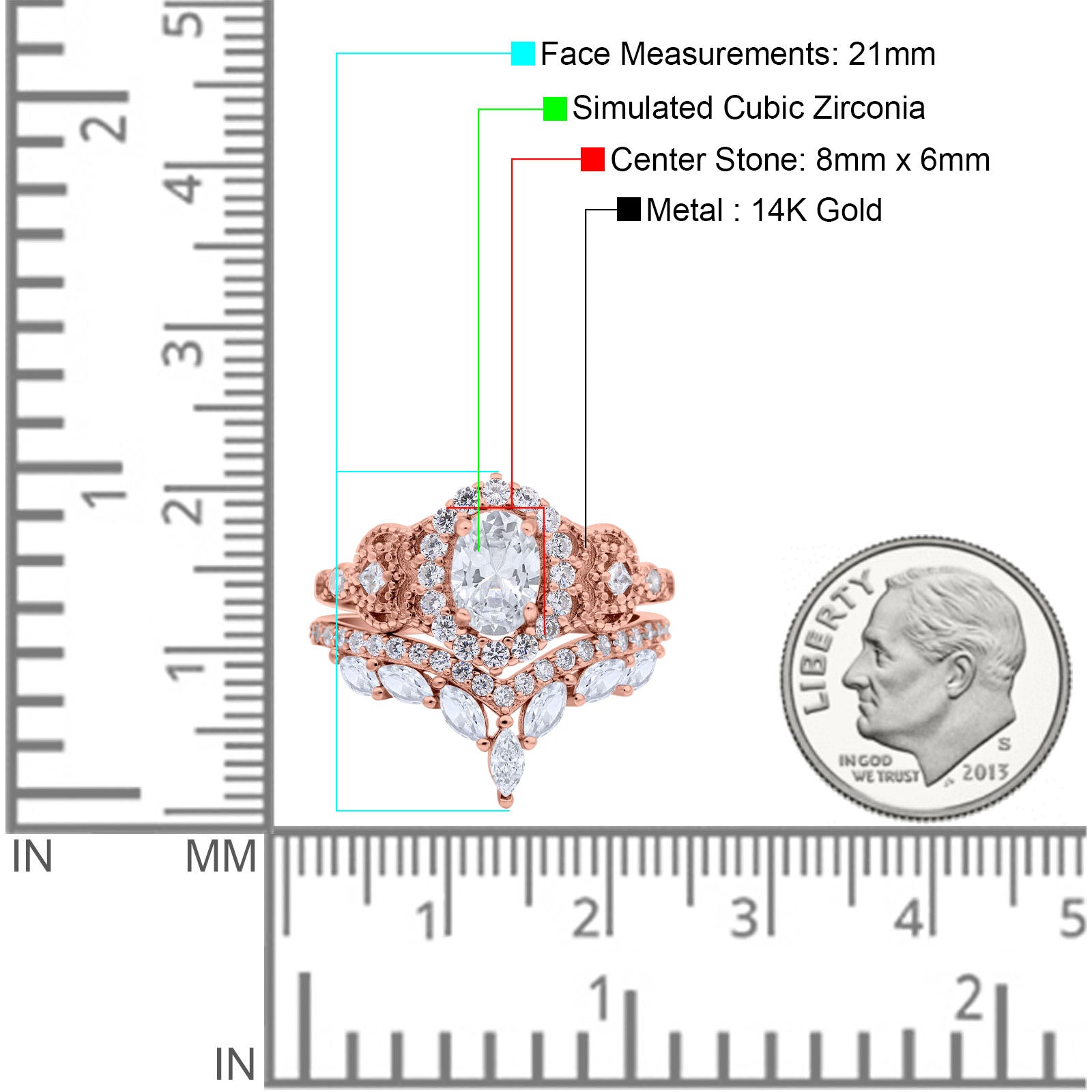 14K Rose Gold Wedding Band Bridal Ring Oval Accent Vintage Simulated Cubic Zirconia Size-7