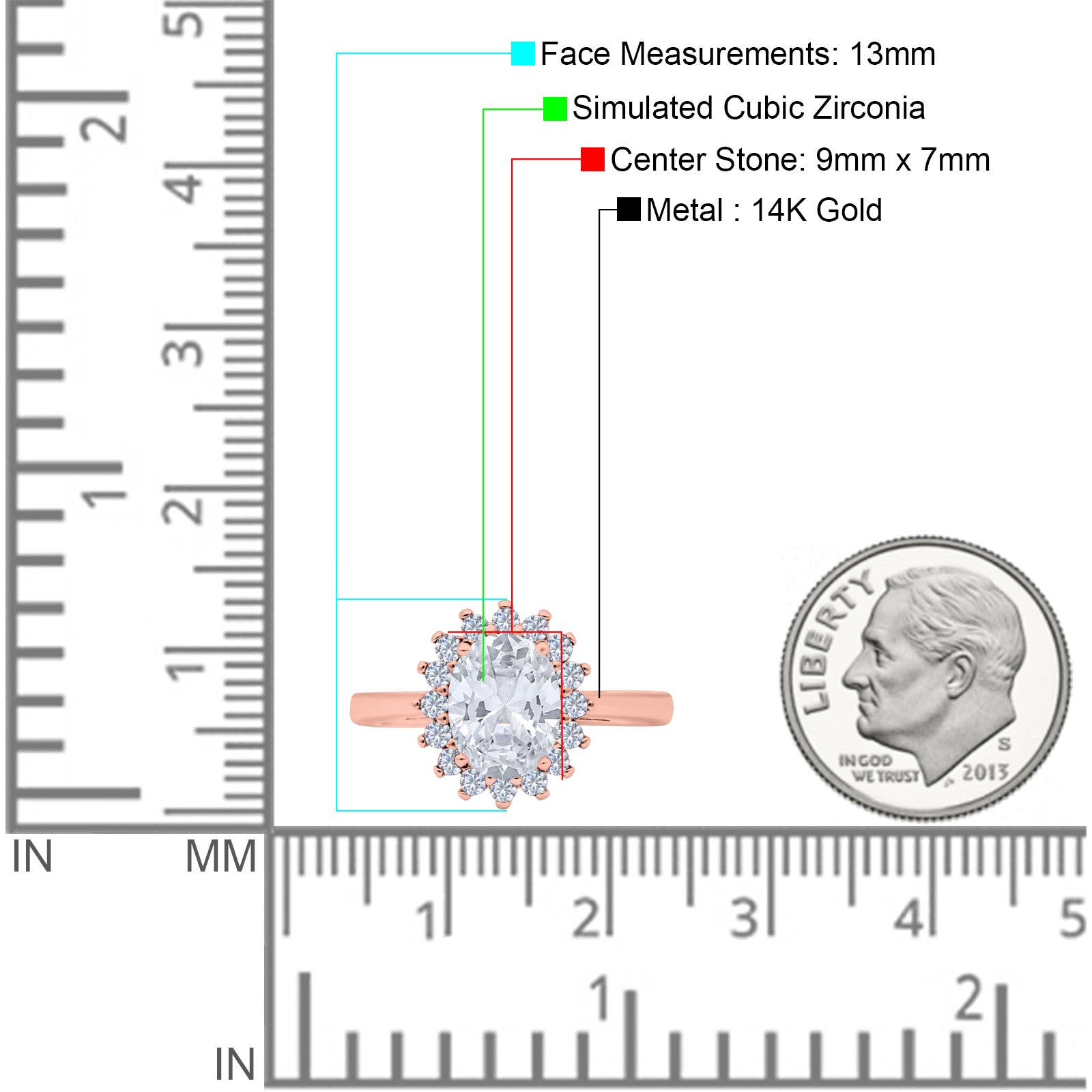 14K Rose Gold Halo Art Deco Oval Wedding Ring Simulated Cubic Zirconia Size-7