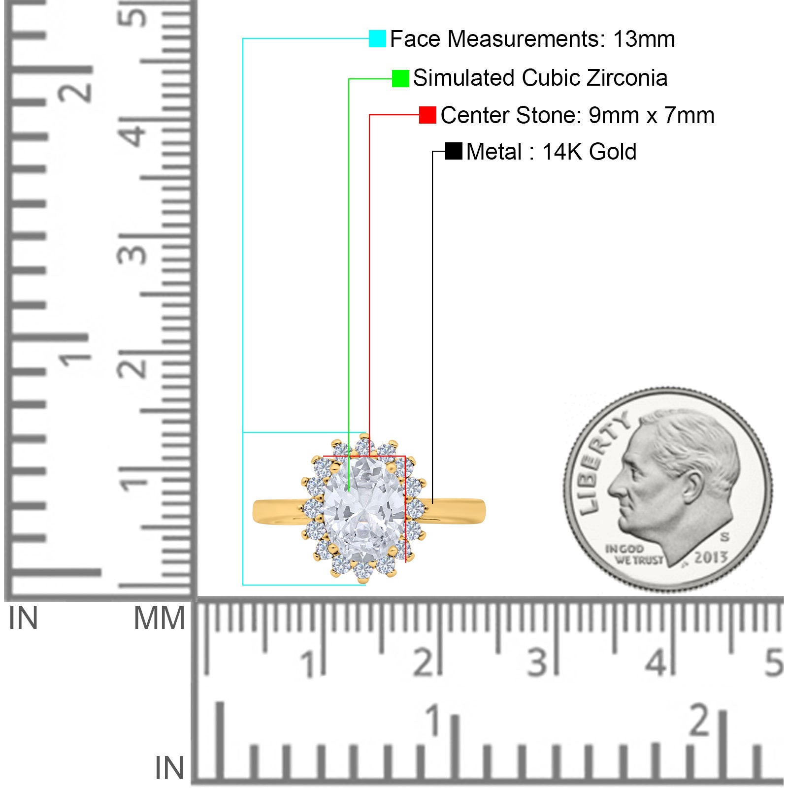 14K Yellow Gold Halo Art Deco Oval Wedding Ring Simulated Cubic Zirconia Size-7
