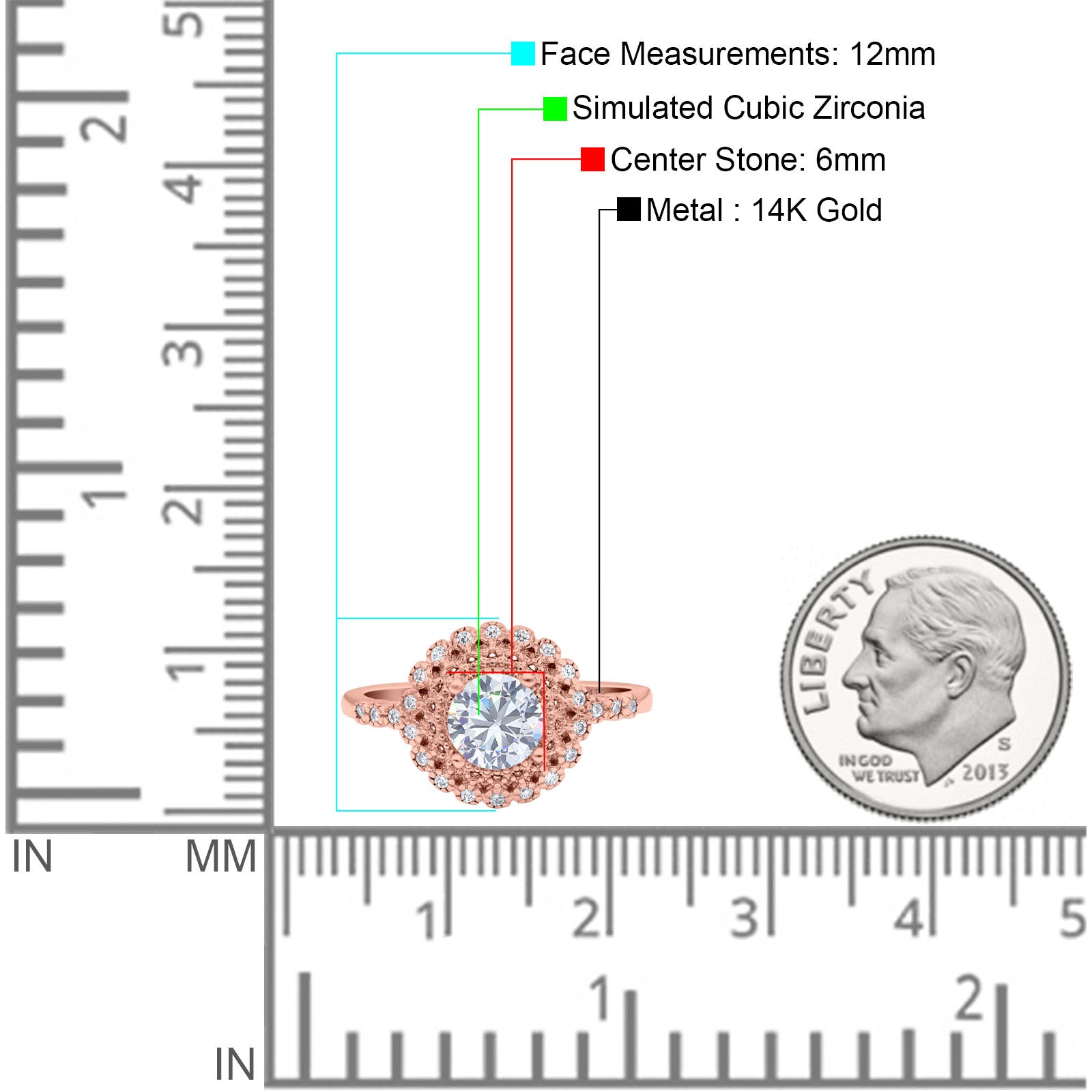 14K Rose Gold Halo Art Deco Round Bridal Wedding Engagement Ring Simulated CZ Size-7
