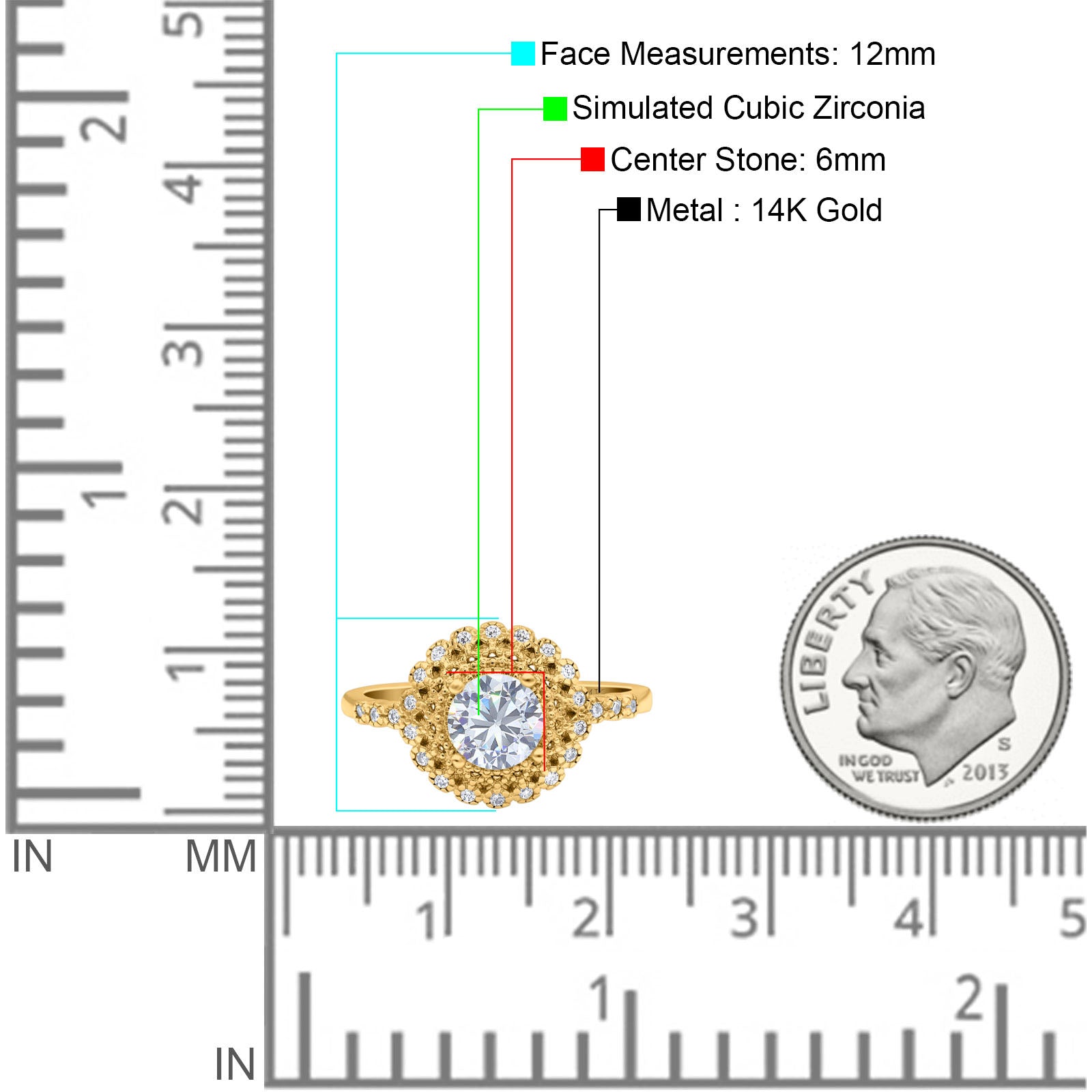 14K Yellow Gold Halo Art Deco Round Bridal Wedding Engagement Ring Simulated CZ Size-7