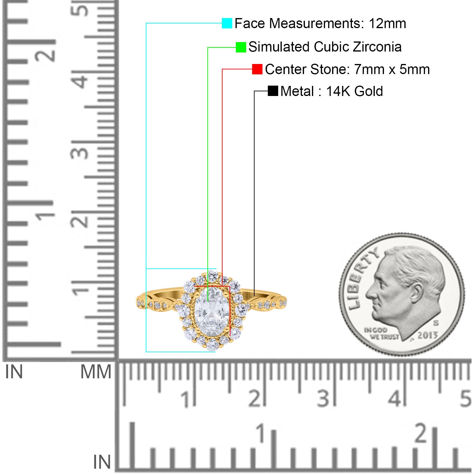 14K Yellow Gold Vintage Art Deco Halo Oval Engagement Ring Simulated Cubic Zirconia
