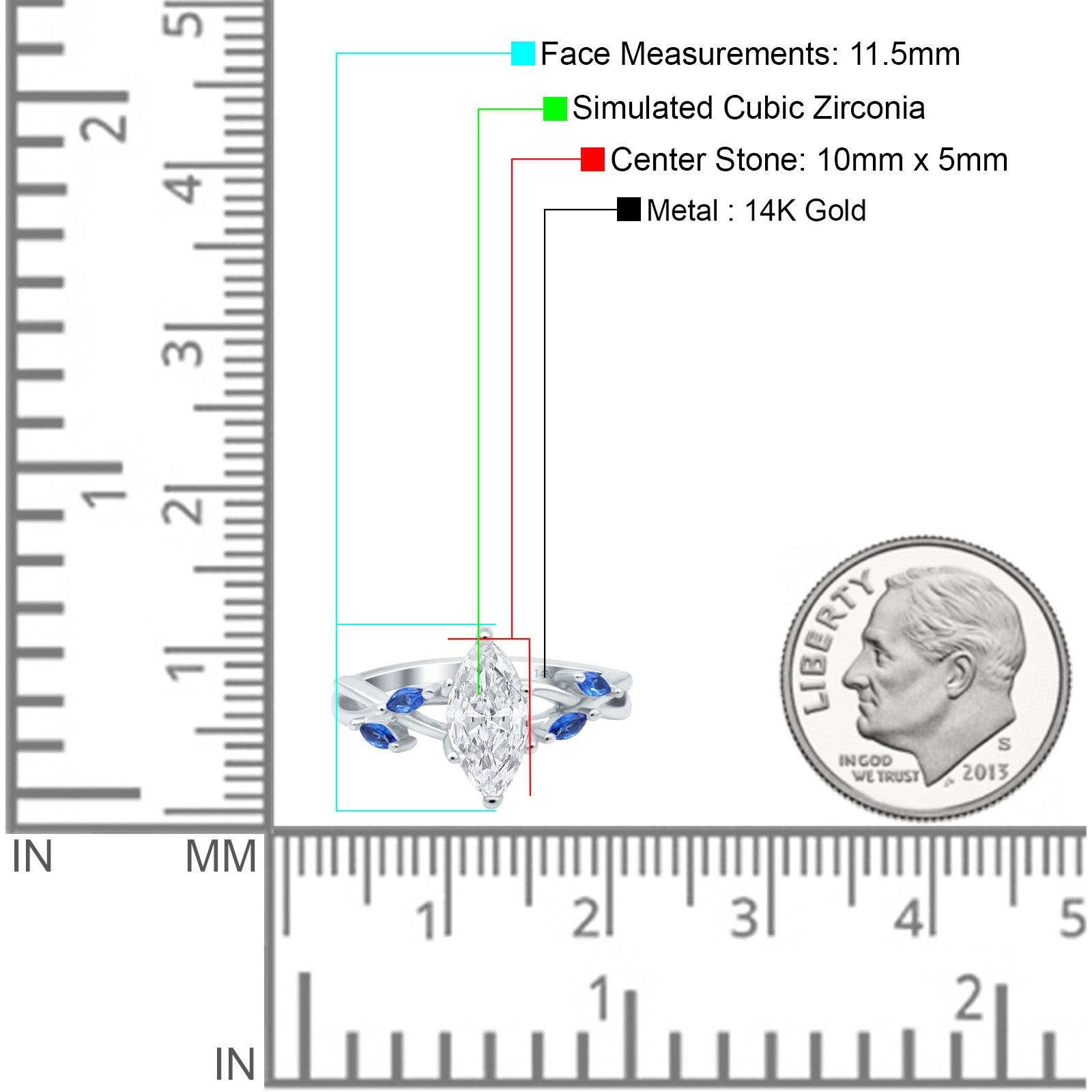 14K White Gold Infinity Twist Simulated Blue Sapphire Marquise Art Deco Engagement Wedding Bridal Ring Round Simulated CZ Size-7