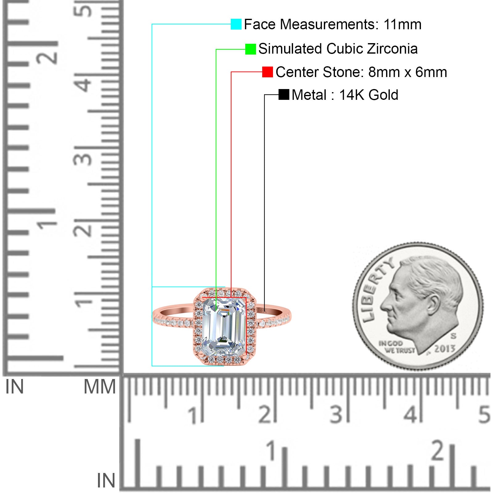 14K Rose Gold Emerald Cut Art Deco Bridal Wedding Engagement Ring Simulated CZ Size-7