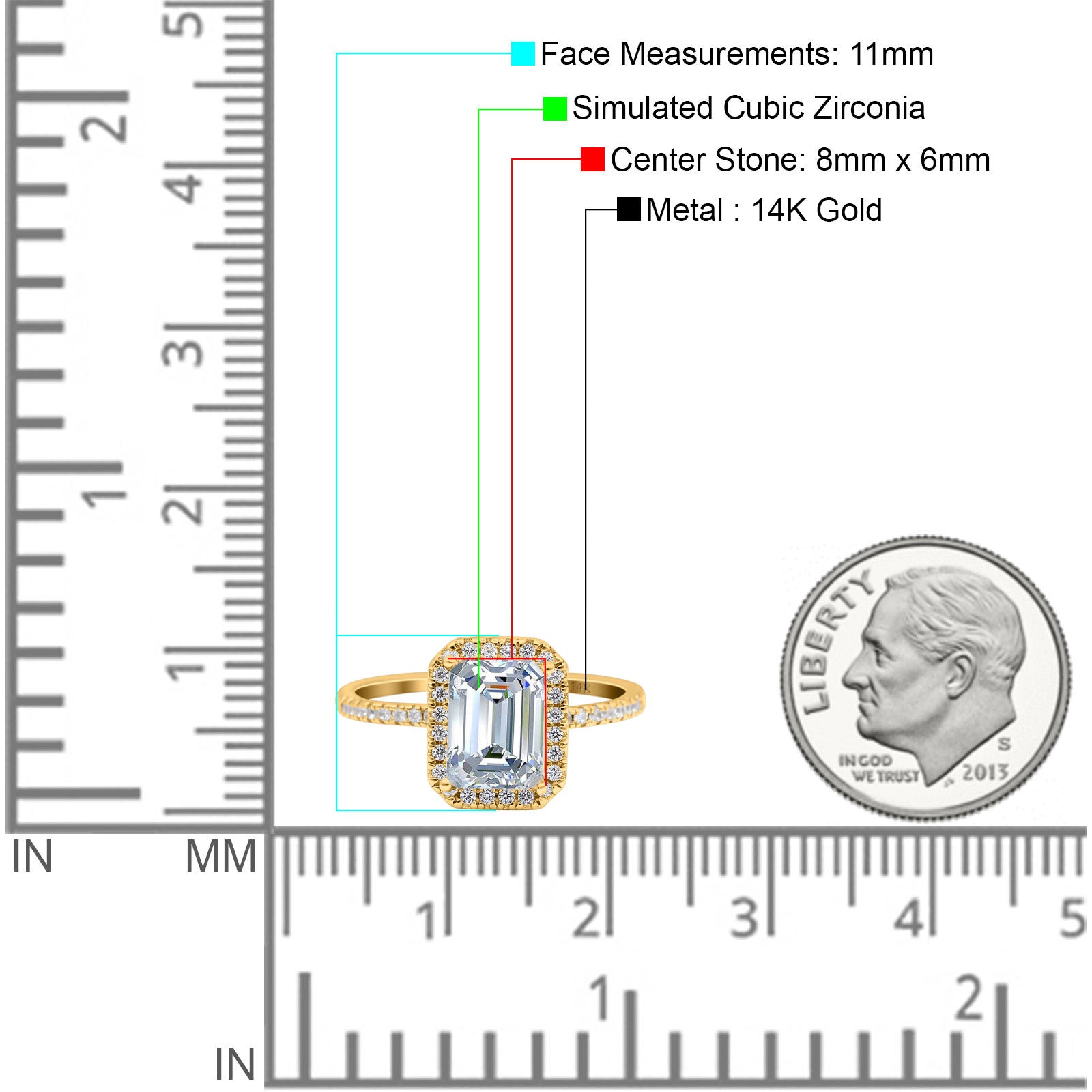 14K Yellow Gold Emerald Cut Art Deco Bridal Wedding Engagement Ring Simulated CZ Size-7