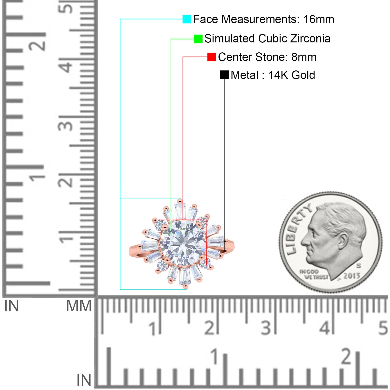 14K Rose Gold Art Deco Wedding Bridal Ring Baguette Round Simulated Cubic Zirconia Size-7
