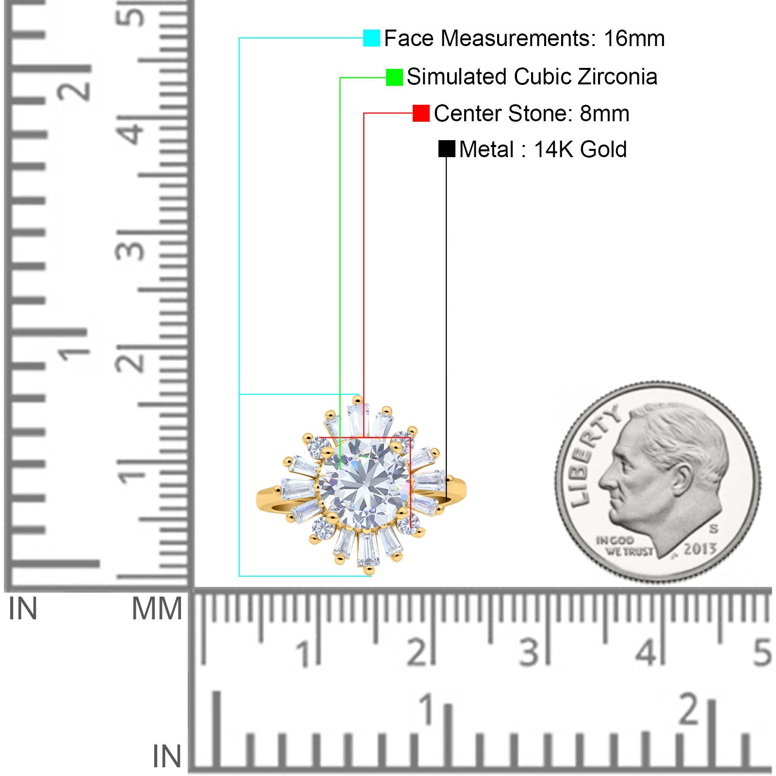14K Yellow Gold Art Deco Wedding Bridal Ring Baguette Round Simulated Cubic Zirconia Size-7