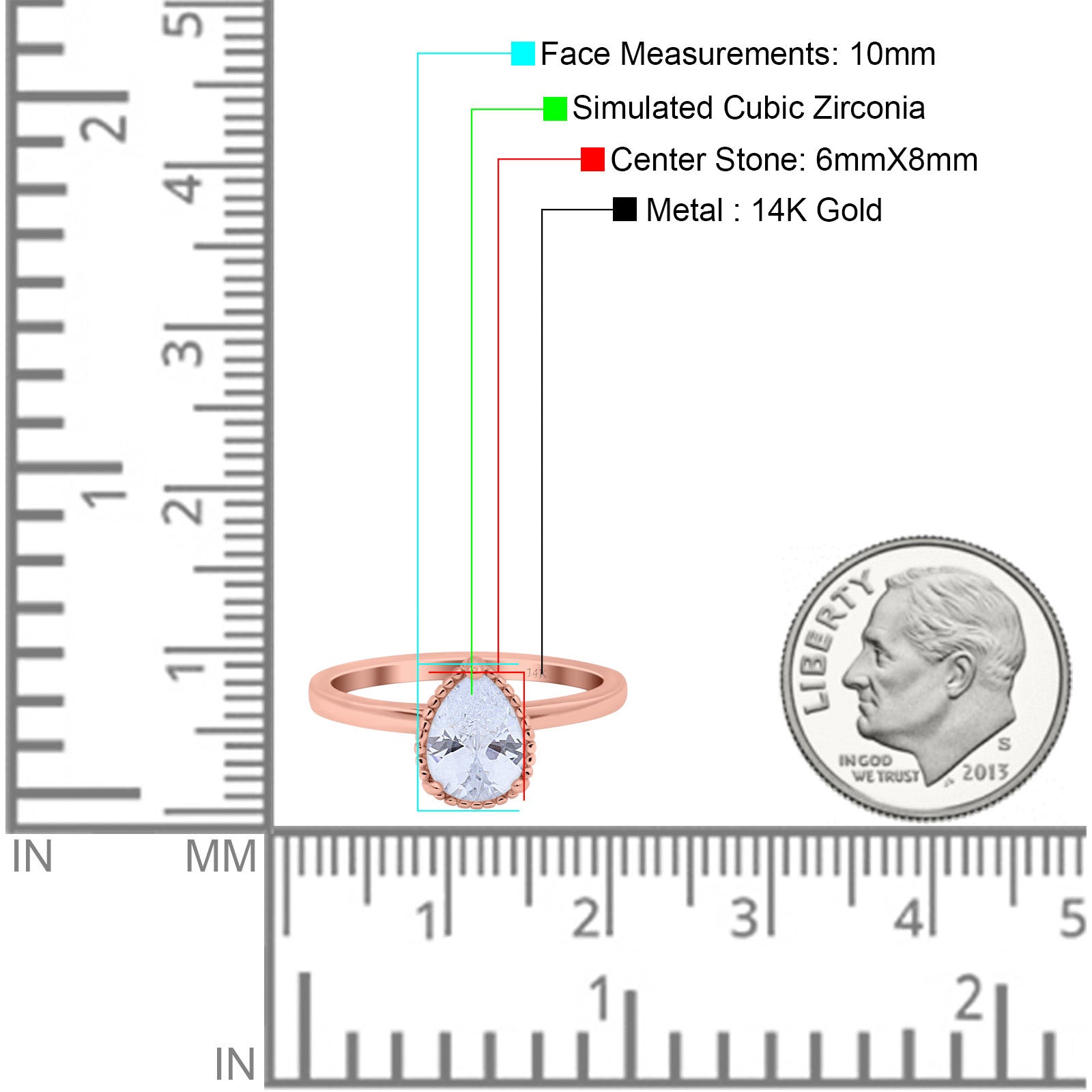 14K Rose Gold Vintage Style Solitaire Accent Pear Wedding Ring Simulated Cubic Zirconia Size-7