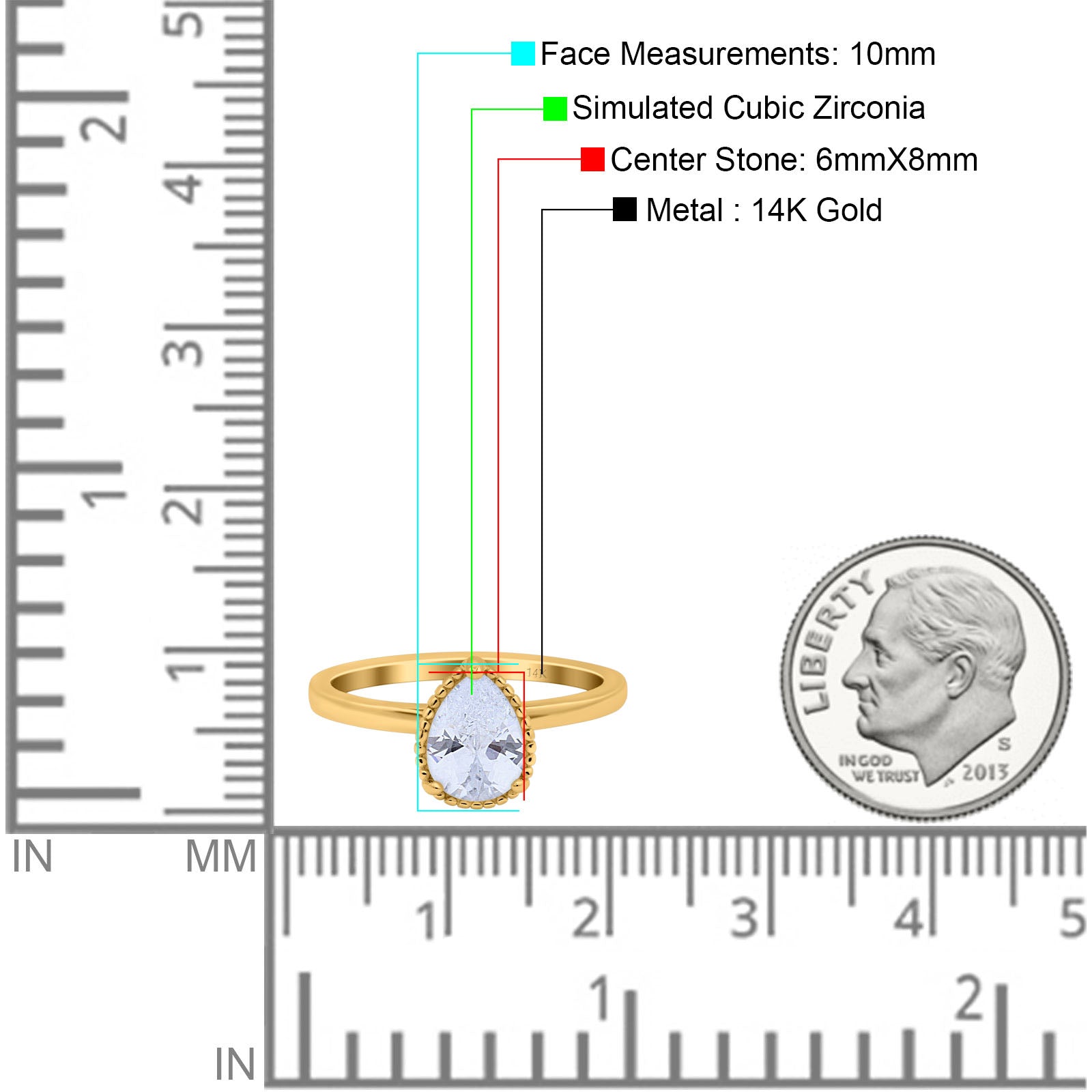 14K Yellow Gold Vintage Style Solitaire Accent Pear Wedding Ring Simulated Cubic Zirconia Size-7