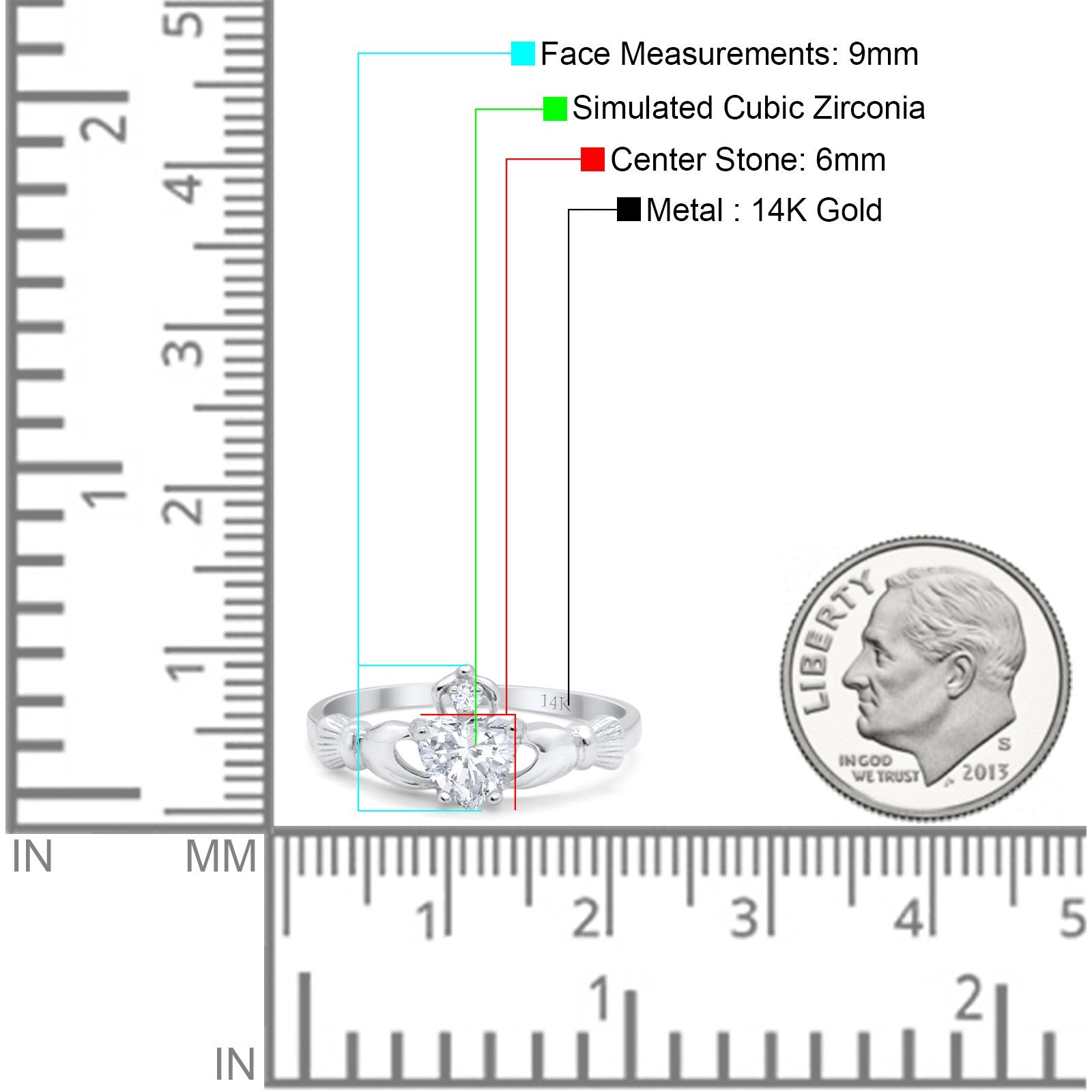 14K White Gold Irish Claddagh Heart Promise Ring Wedding Engagement Ring Round Simulated Cubic Zirconia