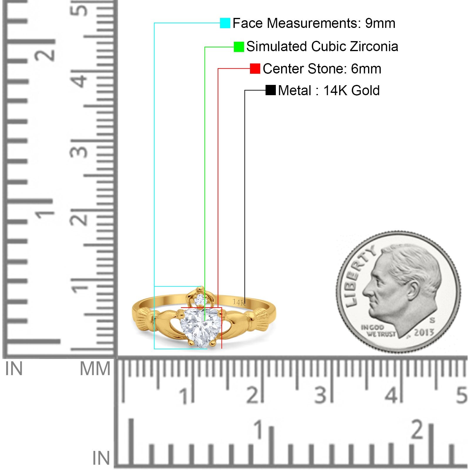 14K Yellow Gold Irish Claddagh Heart Promise Ring Wedding Engagement Ring Round Simulated Cubic Zirconia