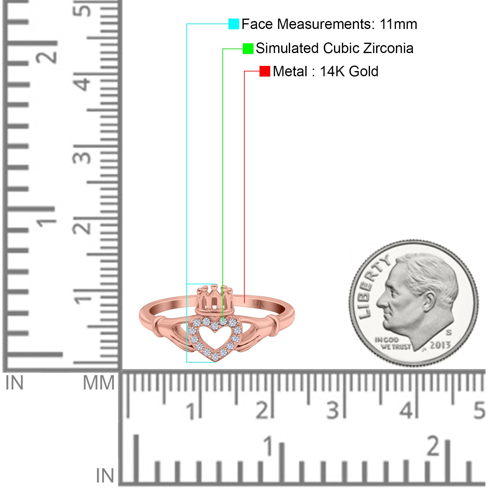 14K Rose Gold Heart Claddagh Art Deco Wedding Ring Simulated Cubic Zirconia Size-7