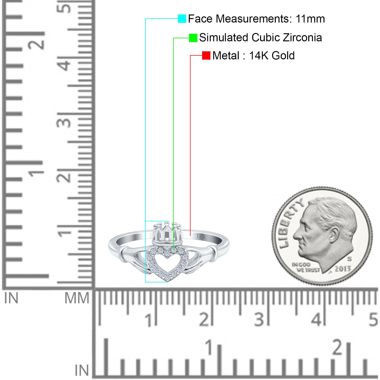 14K White Gold Heart Claddagh Art Deco Wedding Ring Simulated Cubic Zirconia Size-7