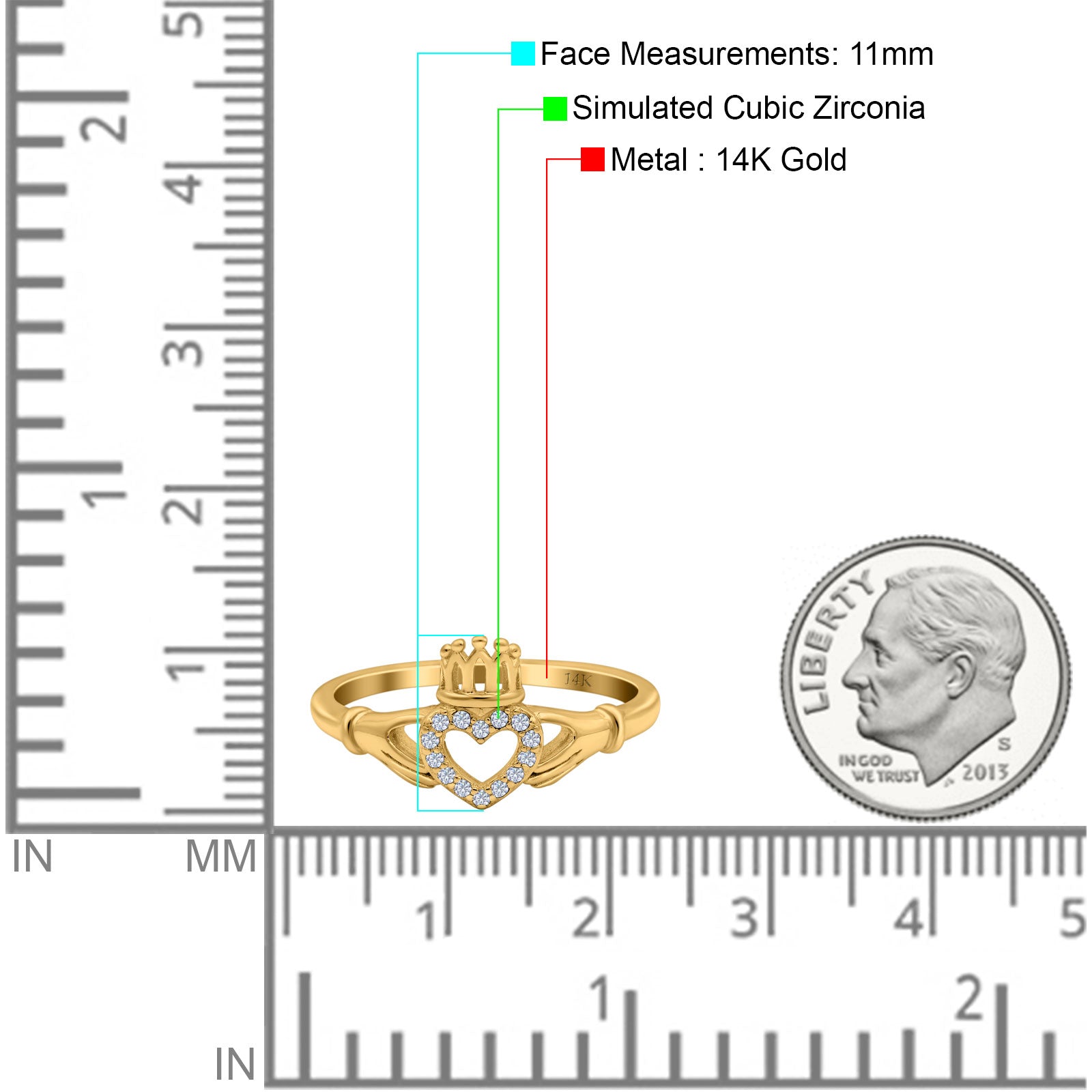 14K Yellow Gold Heart Claddagh Art Deco Wedding Ring Simulated Cubic Zirconia