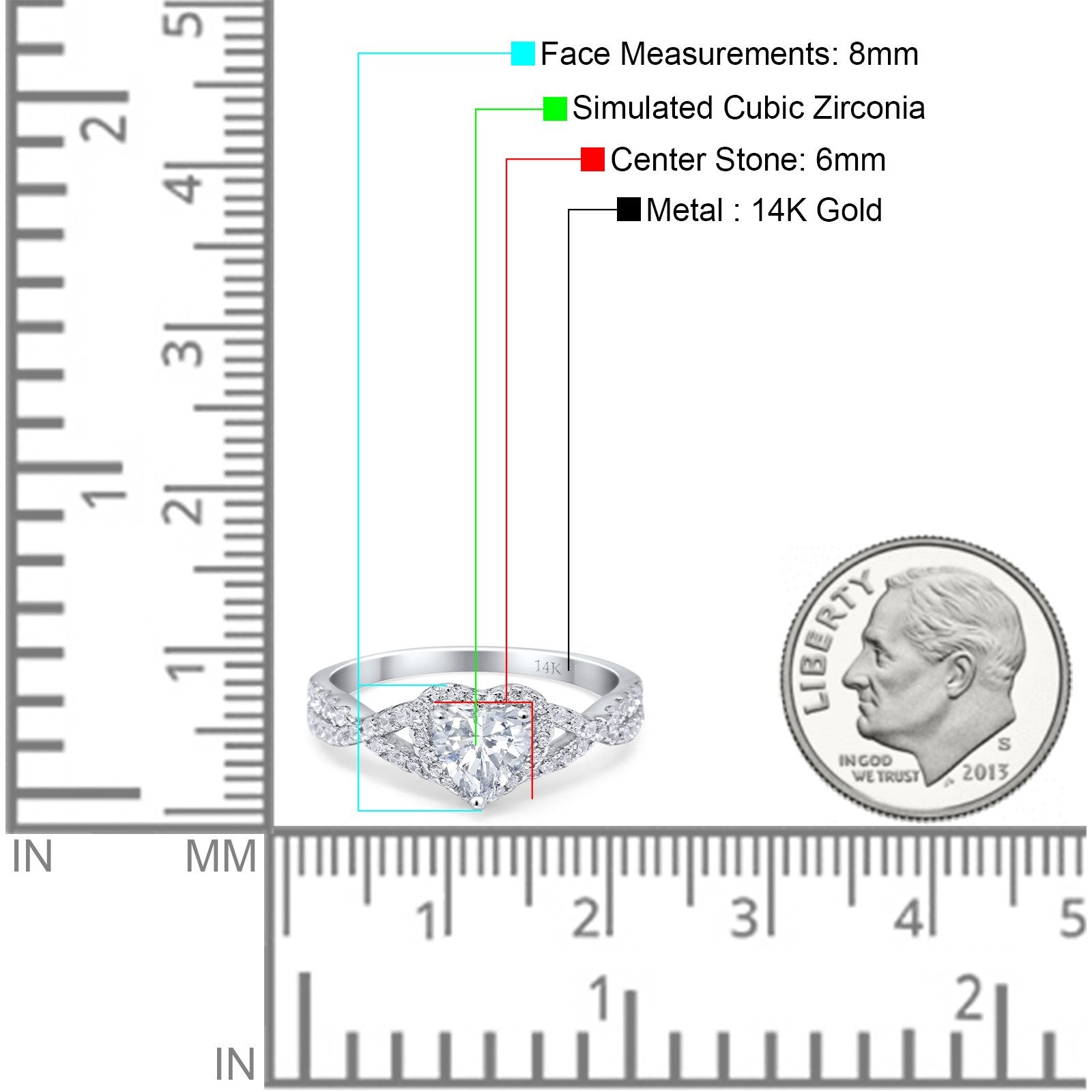 14K White Gold Heart Promise Ring Infinity Shank Round Simulated Cubic Zirconia Size-7